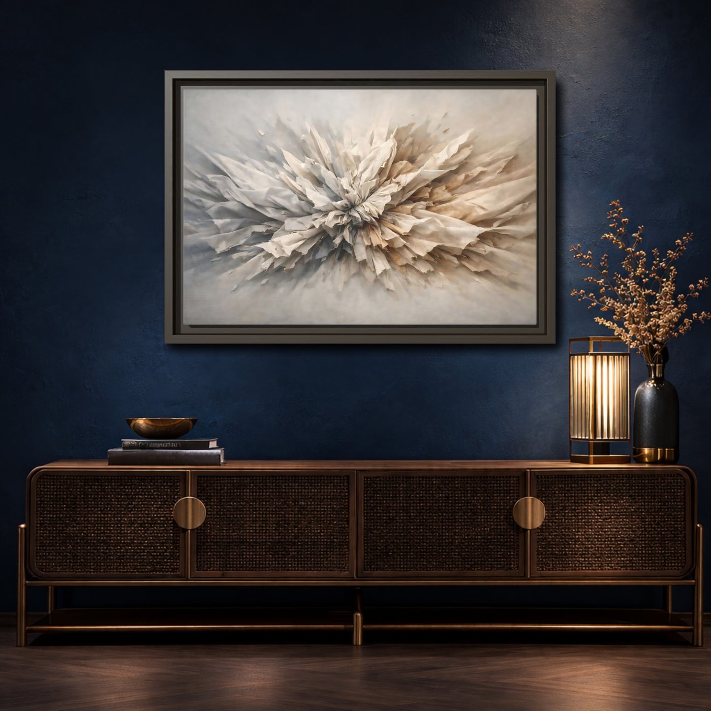 Mockup 4. Abstract Crumpled Texture Neutral Abstract shown as stretched canvas wall art