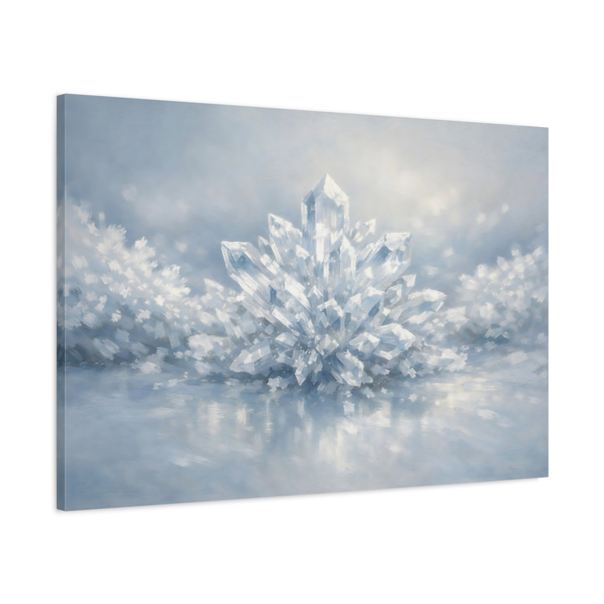 Side Mockup 1. Abstract Crystal Cluster Blue And White shown as stretched canvas wall art