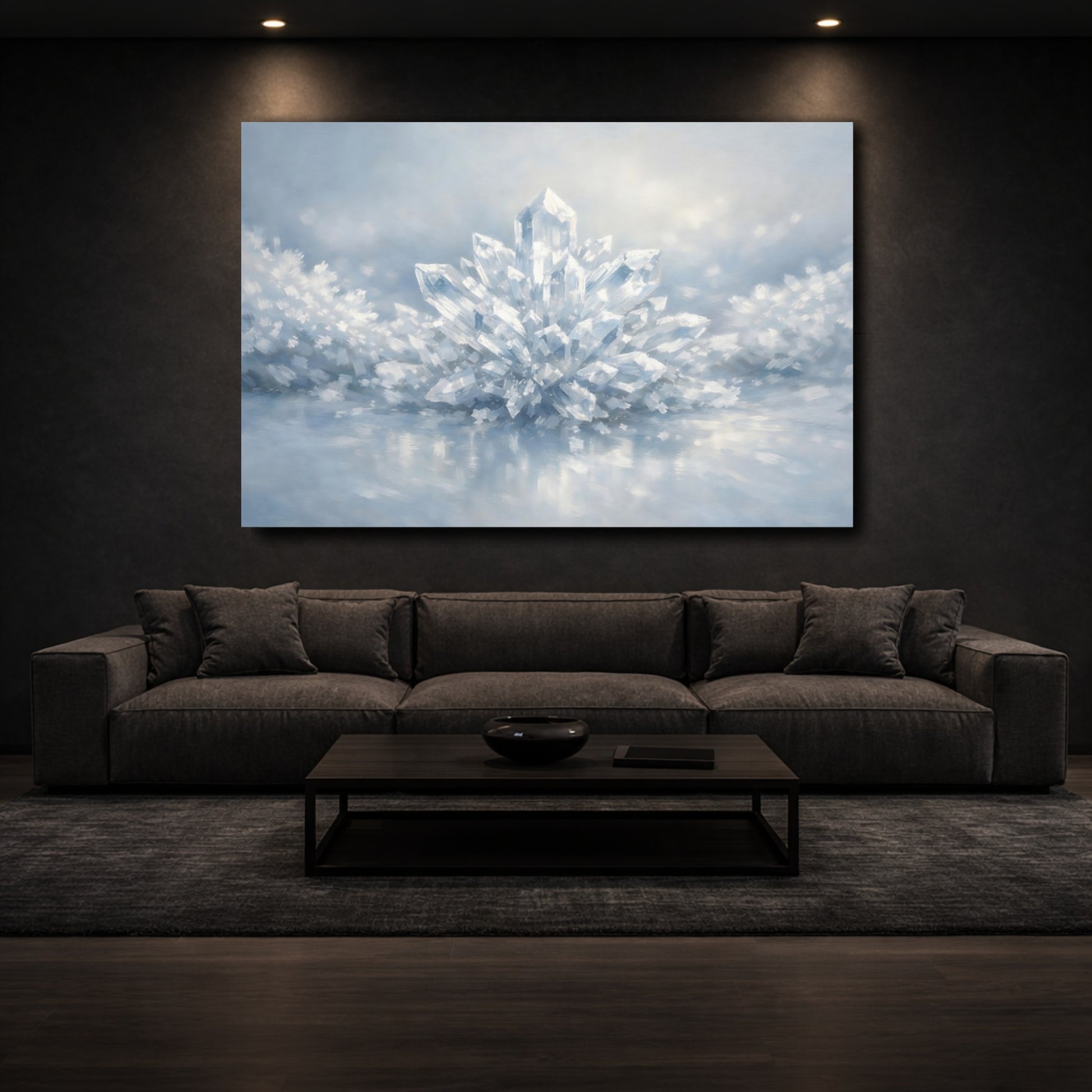Mockup 2. Abstract Crystal Cluster Blue And White shown as stretched canvas wall art