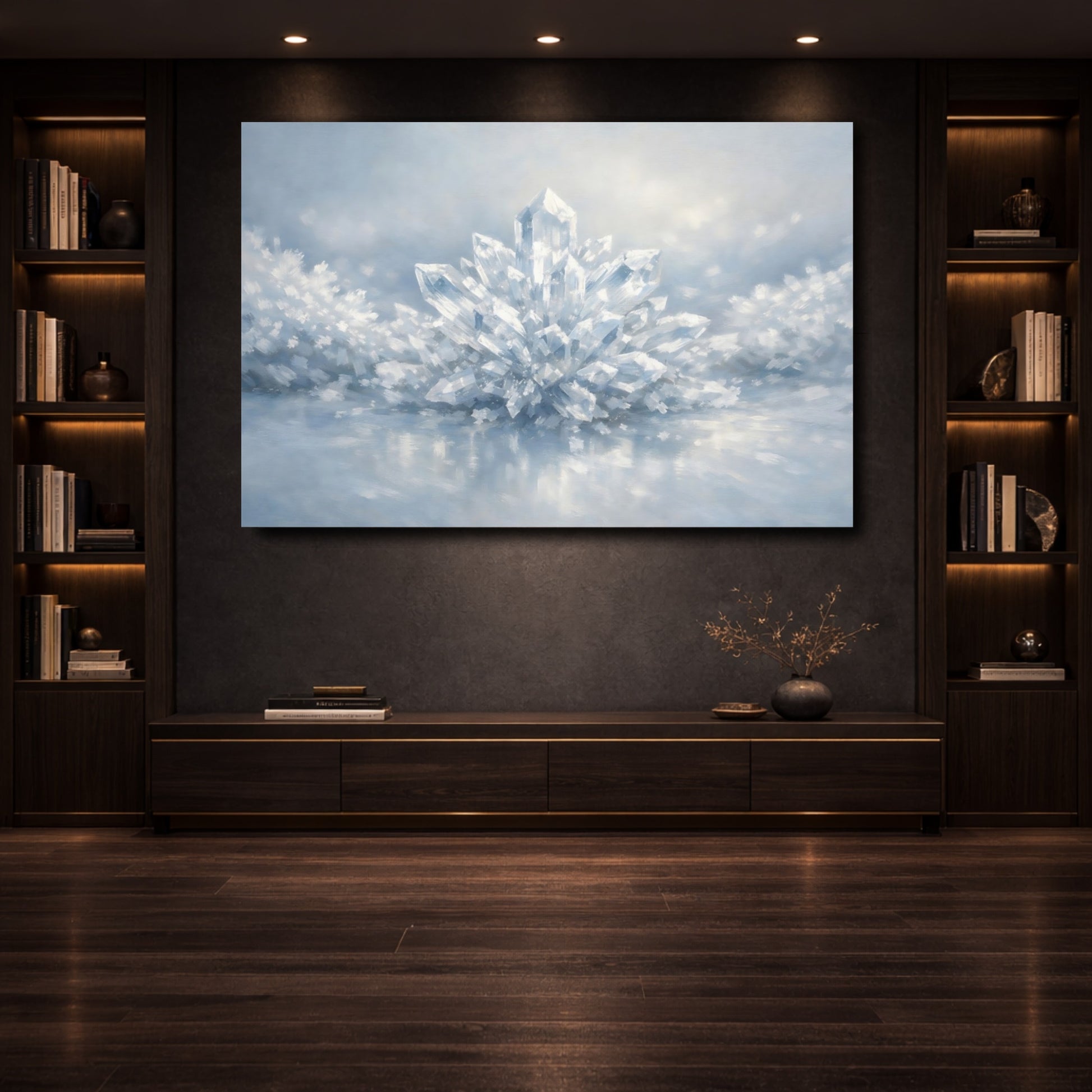 Mockup 3. Abstract Crystal Cluster Blue And White shown as stretched canvas wall art