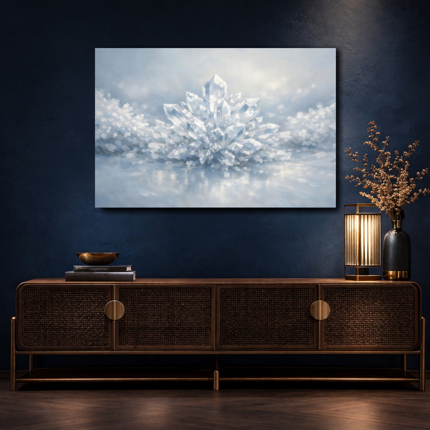 Mockup 4. Abstract Crystal Cluster Blue And White shown as stretched canvas wall art