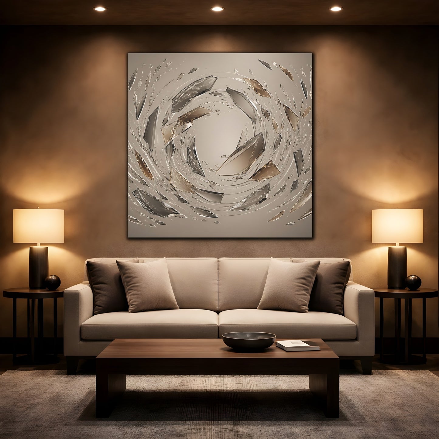 Mockup 2. Abstract Crystal Shards Brown Gray Abstract shown as stretched canvas wall art