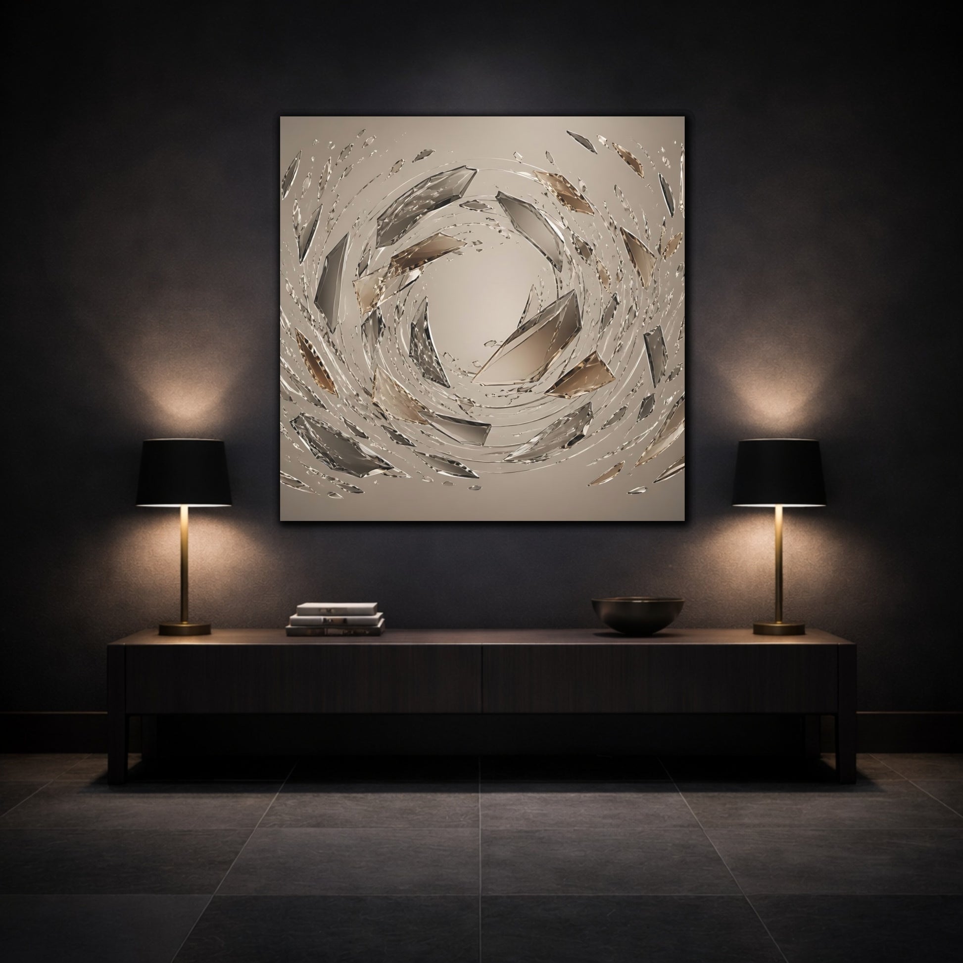 Mockup 3. Abstract Crystal Shards Brown Gray Abstract shown as stretched canvas wall art