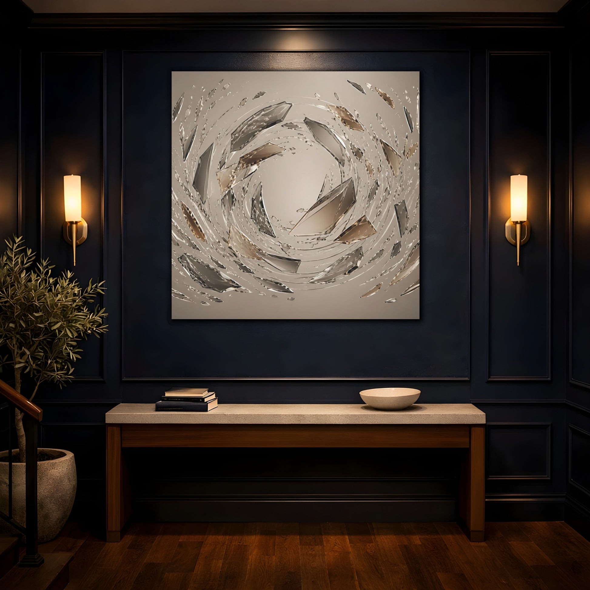 Mockup 4. Abstract Crystal Shards Brown Gray Abstract shown as stretched canvas wall art