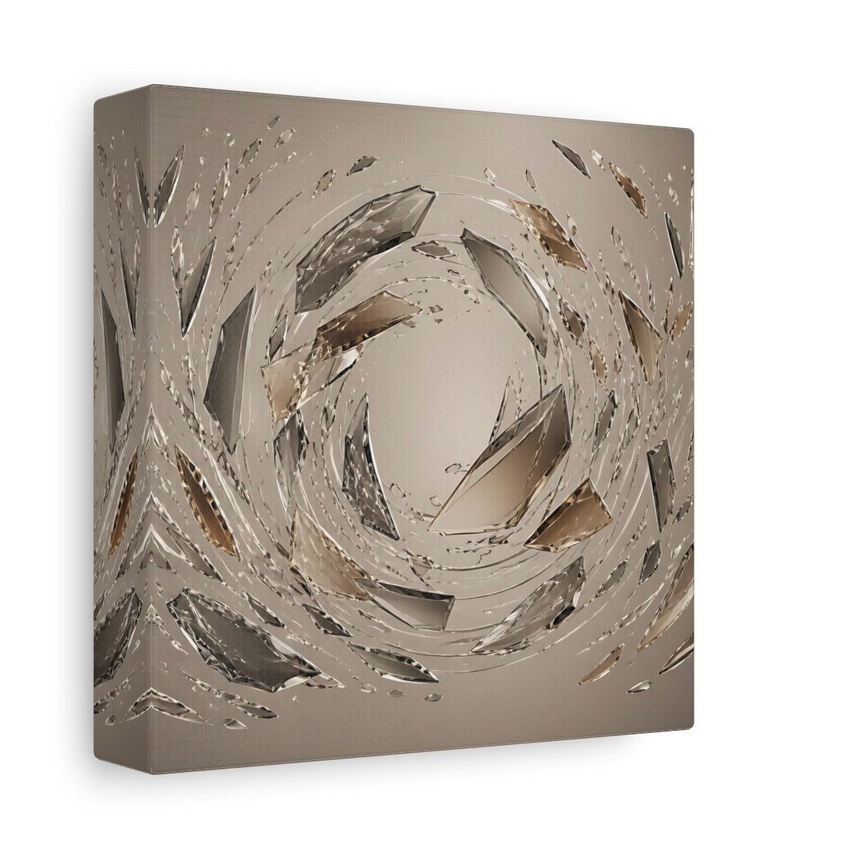 Side Mockup 2. Abstract Crystal Shards Brown Gray Abstract shown as stretched canvas wall art