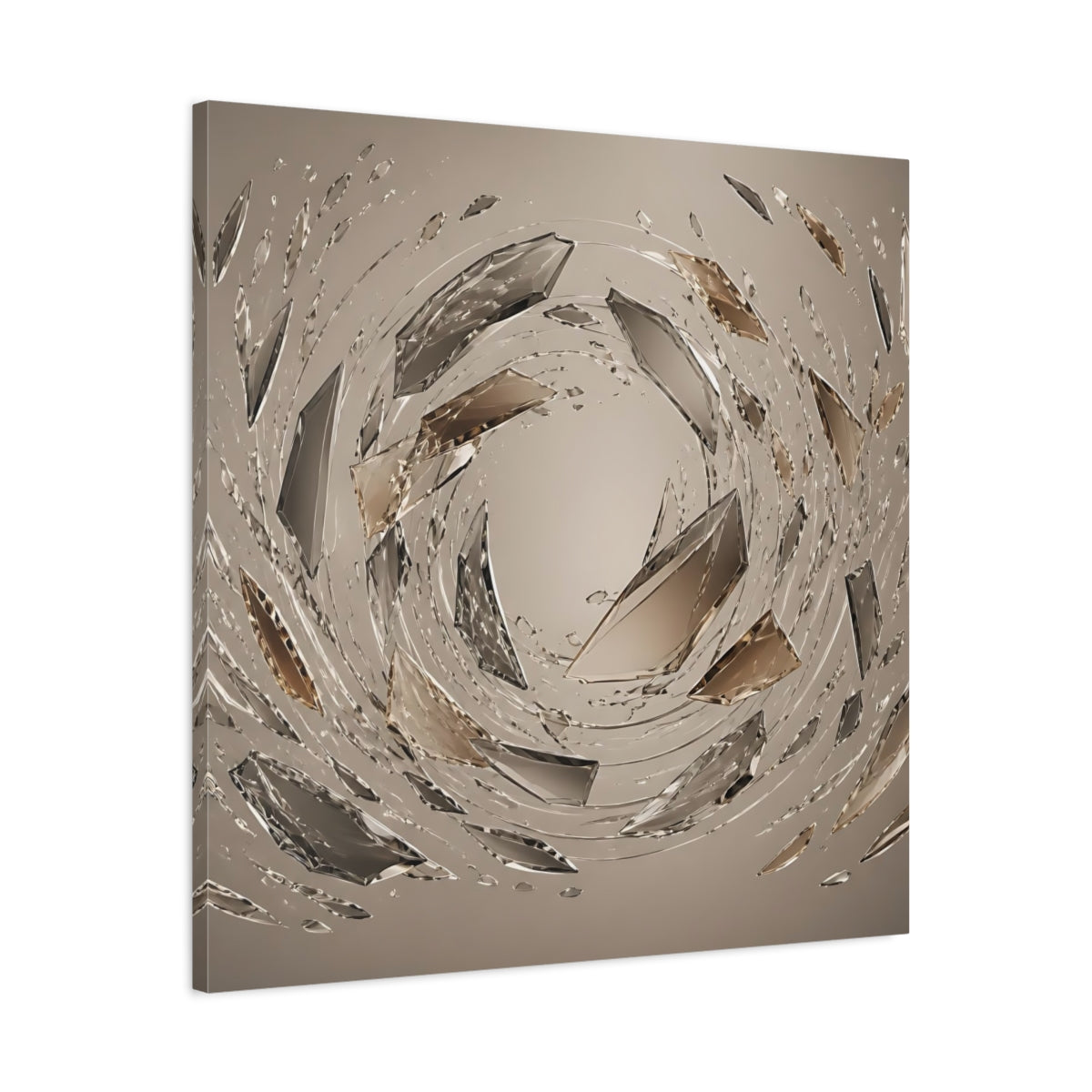 Side Mockup 3. Abstract Crystal Shards Brown Gray Abstract shown as stretched canvas wall art