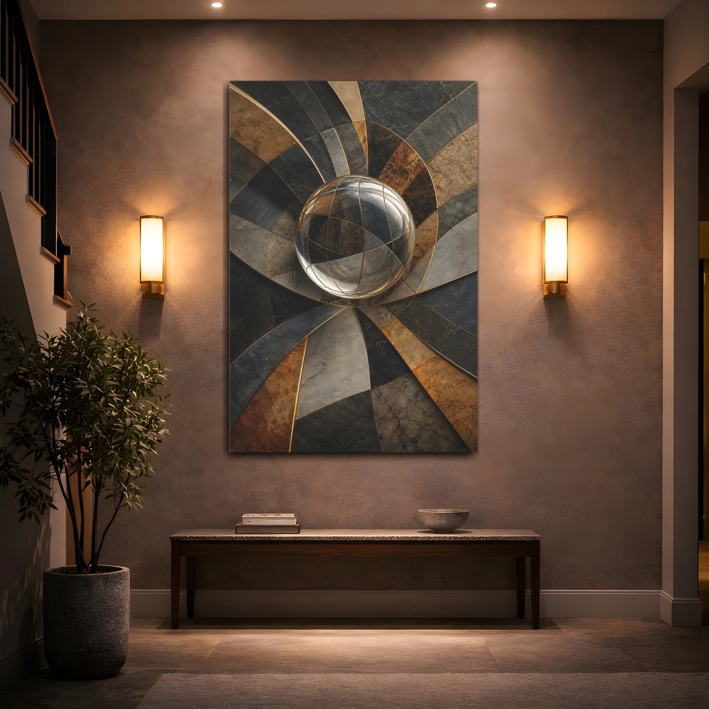 Mockup 2. Abstract Crystal Sphere Gold And Gray Abstract shown as stretched canvas wall art