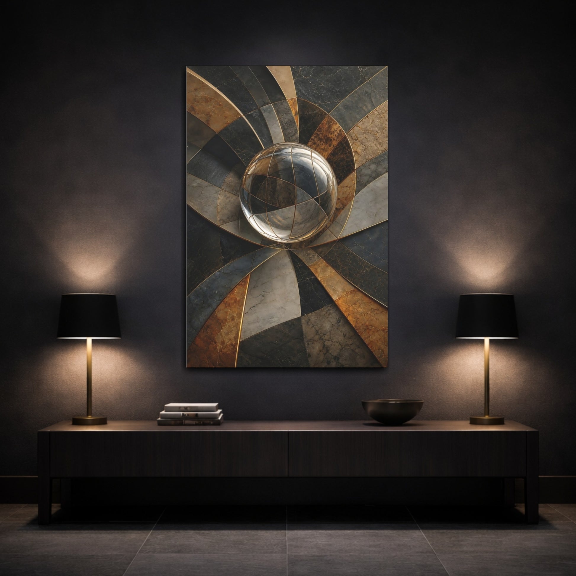 Mockup 3. Abstract Crystal Sphere Gold And Gray Abstract shown as stretched canvas wall art
