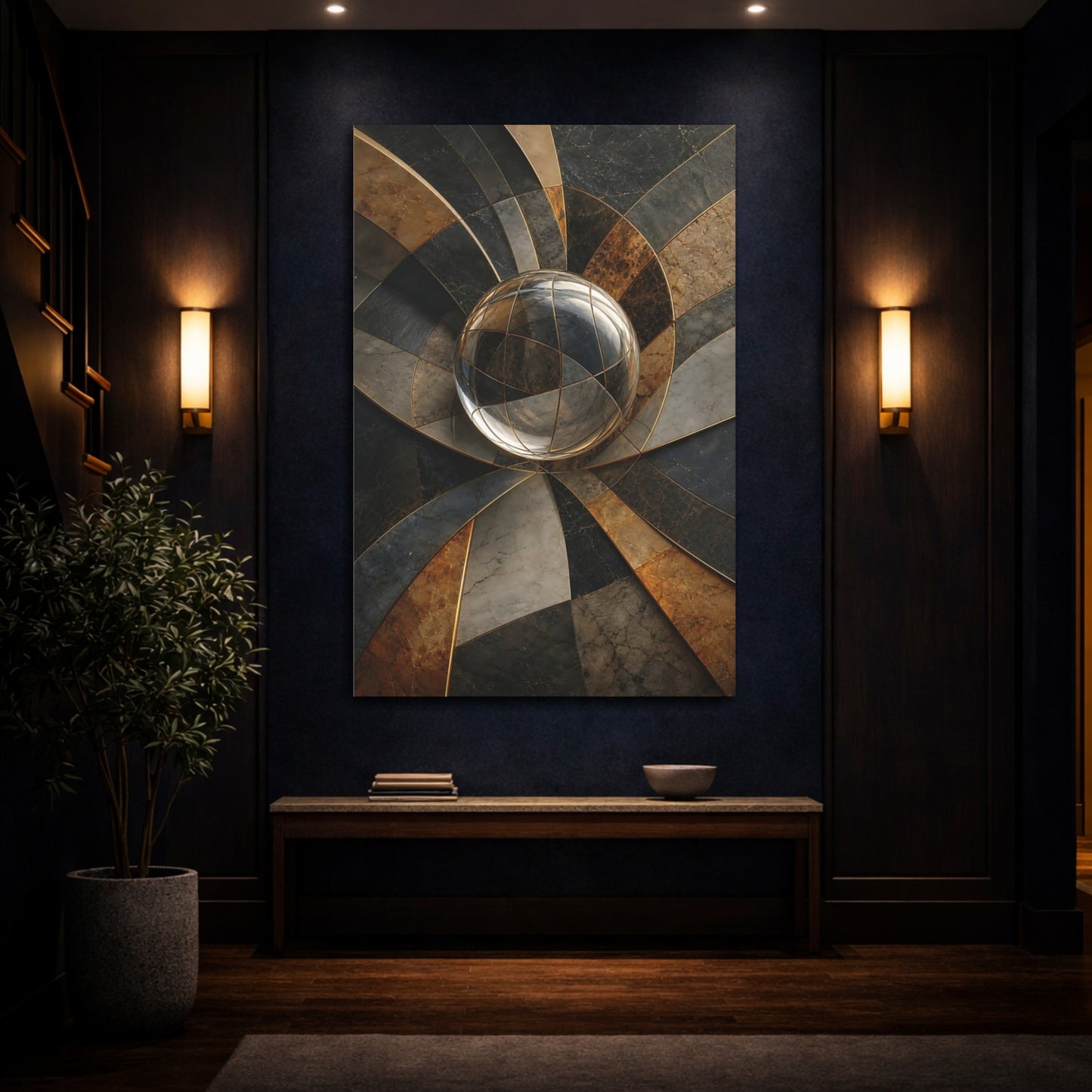 Mockup 4. Abstract Crystal Sphere Gold And Gray Abstract shown as stretched canvas wall art