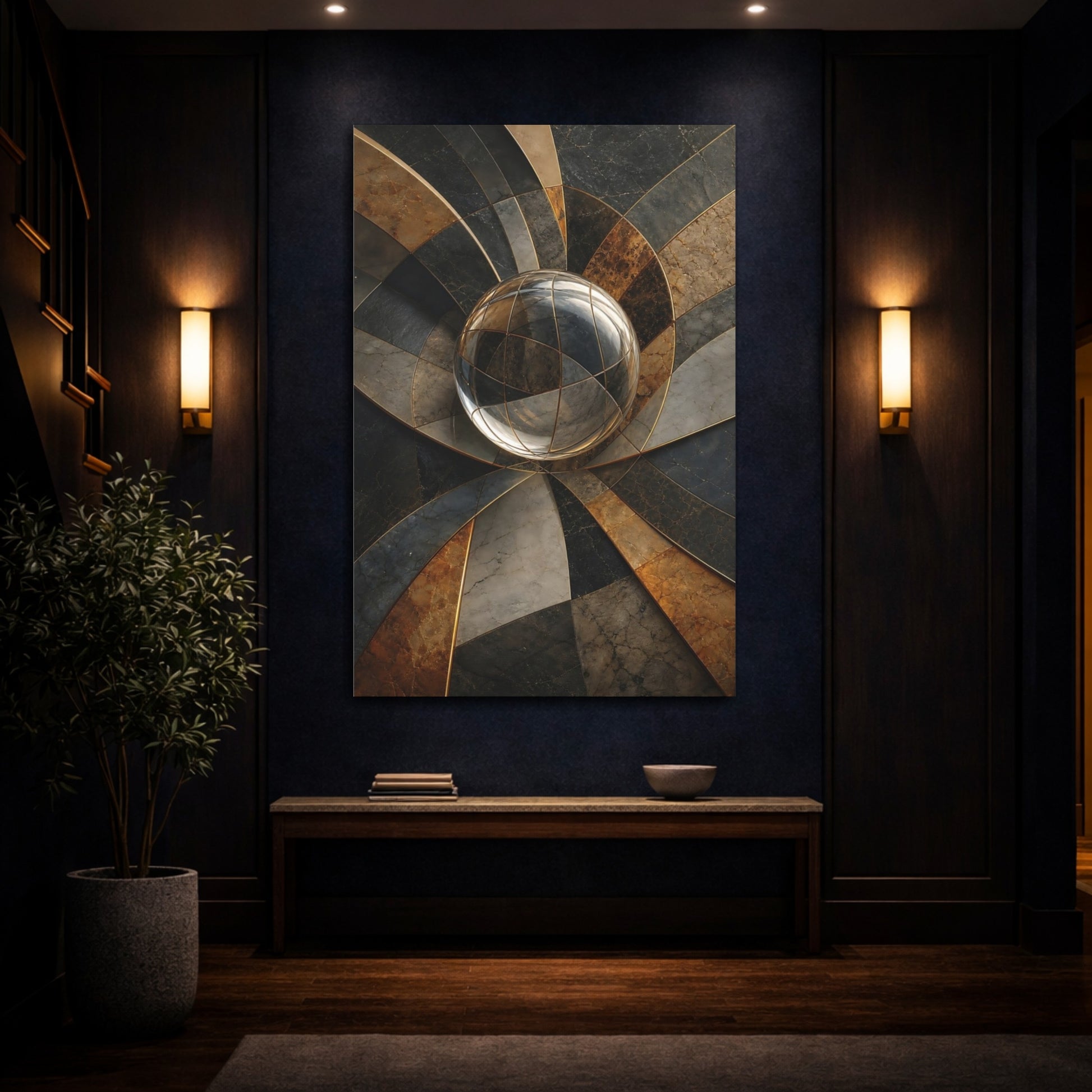 Mockup 4. Abstract Crystal Sphere Gold And Gray Abstract shown as stretched canvas wall art