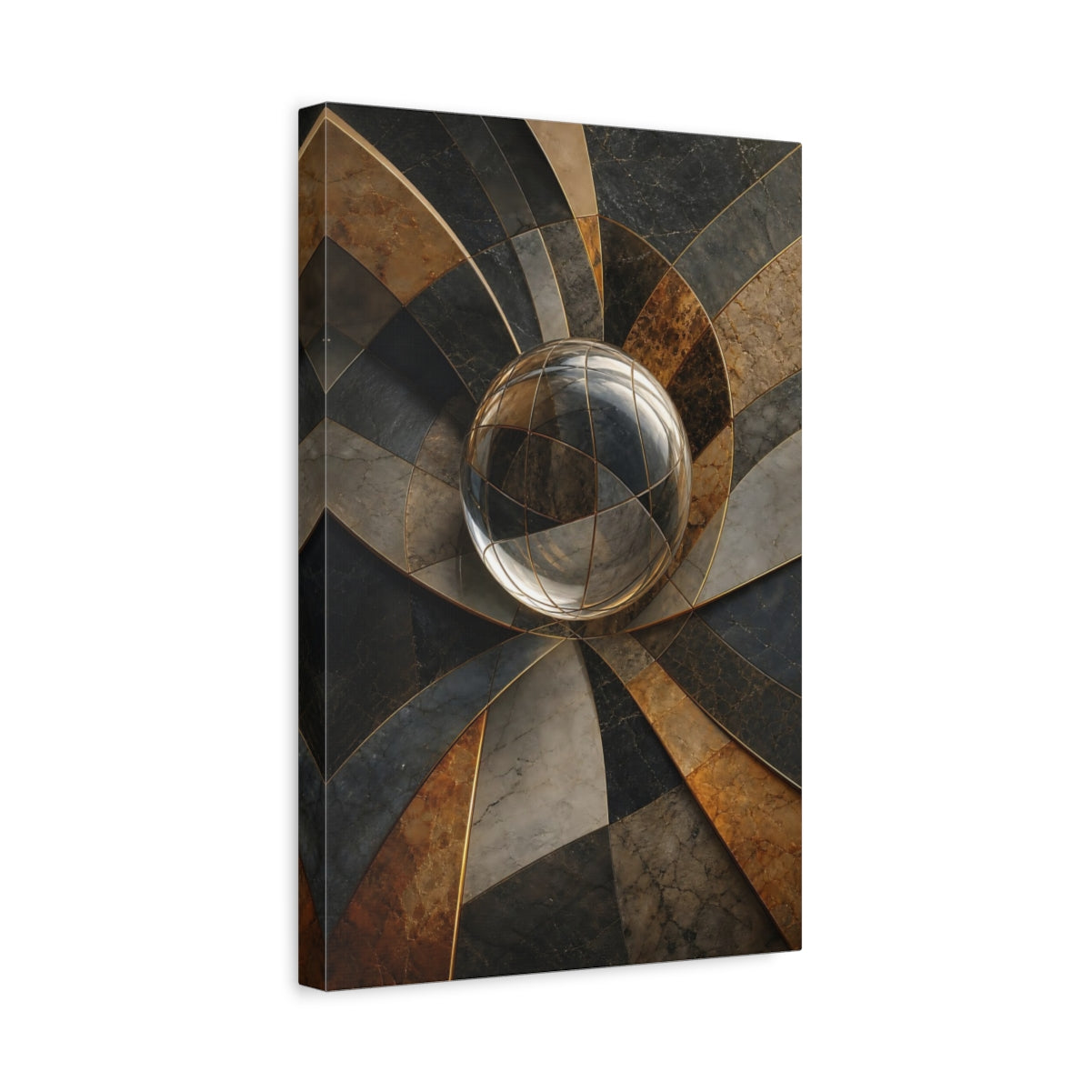 Side Mockup 4. Abstract Crystal Sphere Gold And Gray Abstract shown as stretched canvas wall art