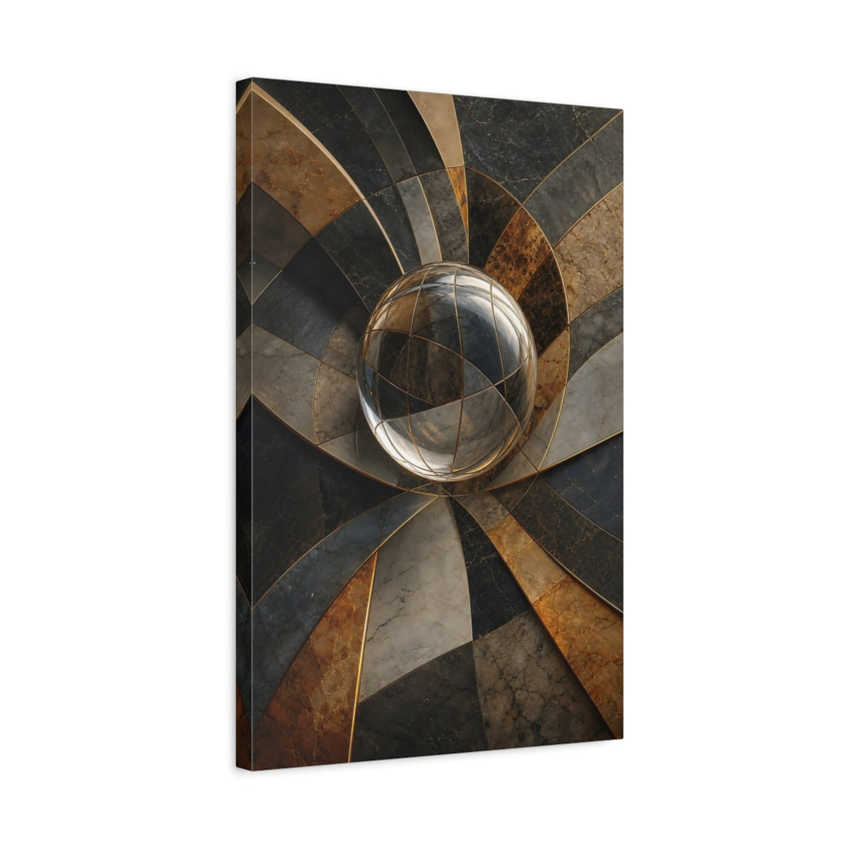 Side Mockup 3. Abstract Crystal Sphere Gold And Gray Abstract shown as stretched canvas wall art