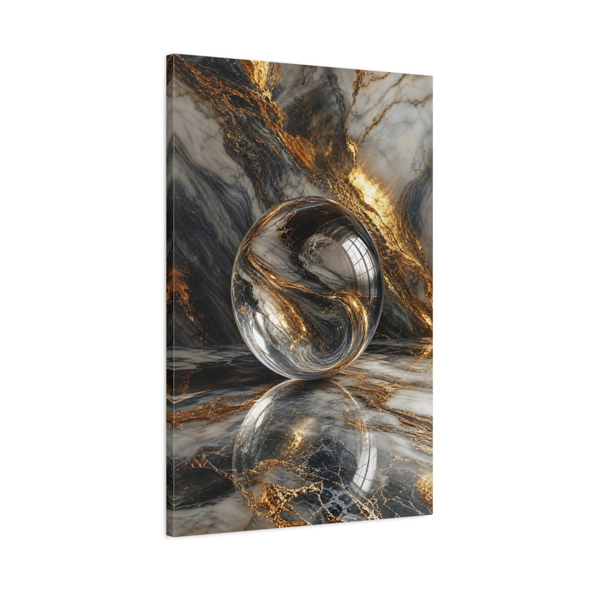 Main Mockup. Abstract Crystal Sphere Gold And Grey shown as stretched canvas wall art