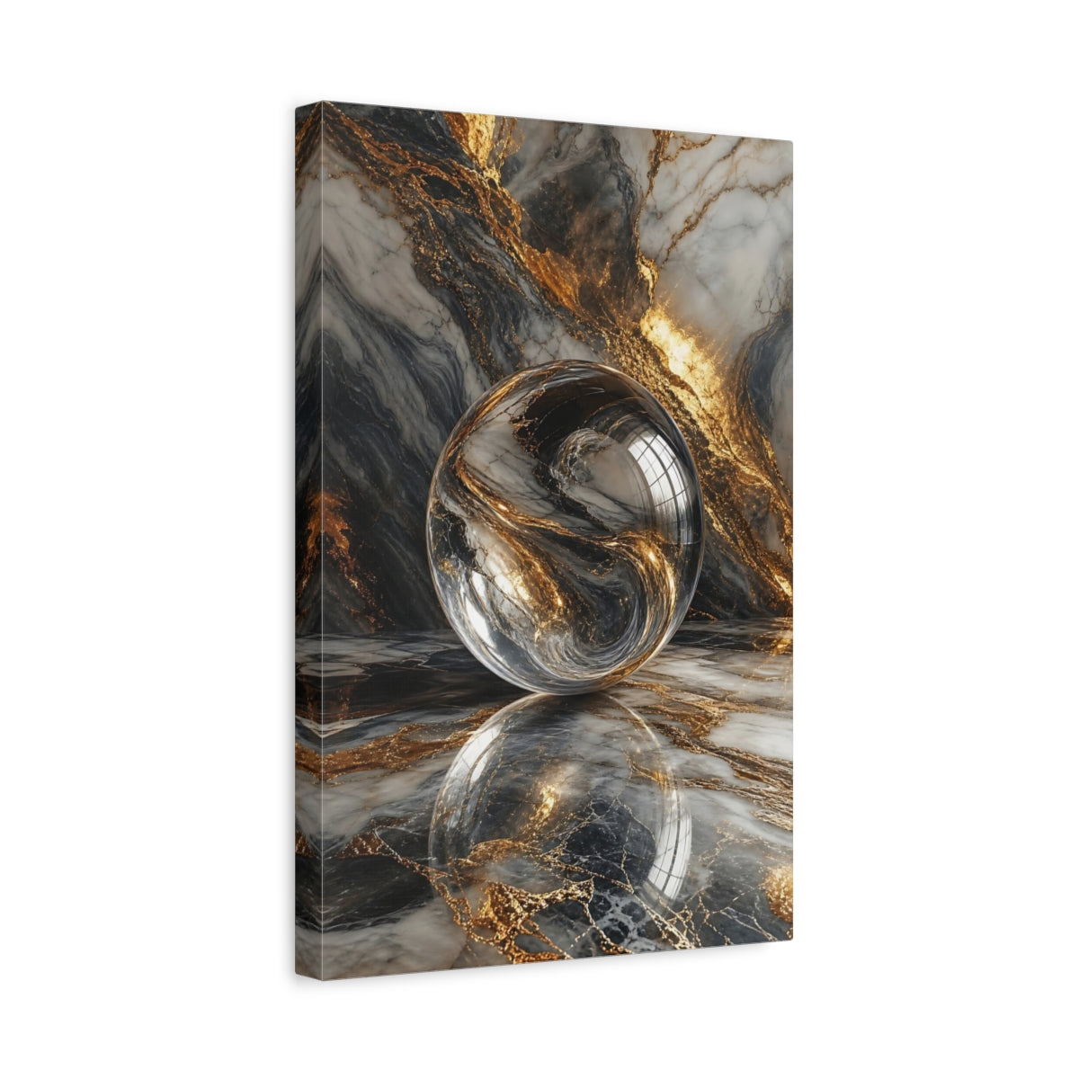 Side Mockup 4. Abstract Crystal Sphere Gold And Grey shown as stretched canvas wall art