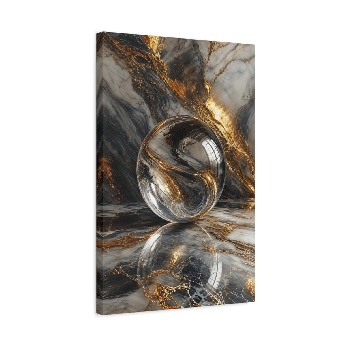 Side Mockup 3. Abstract Crystal Sphere Gold And Grey shown as stretched canvas wall art