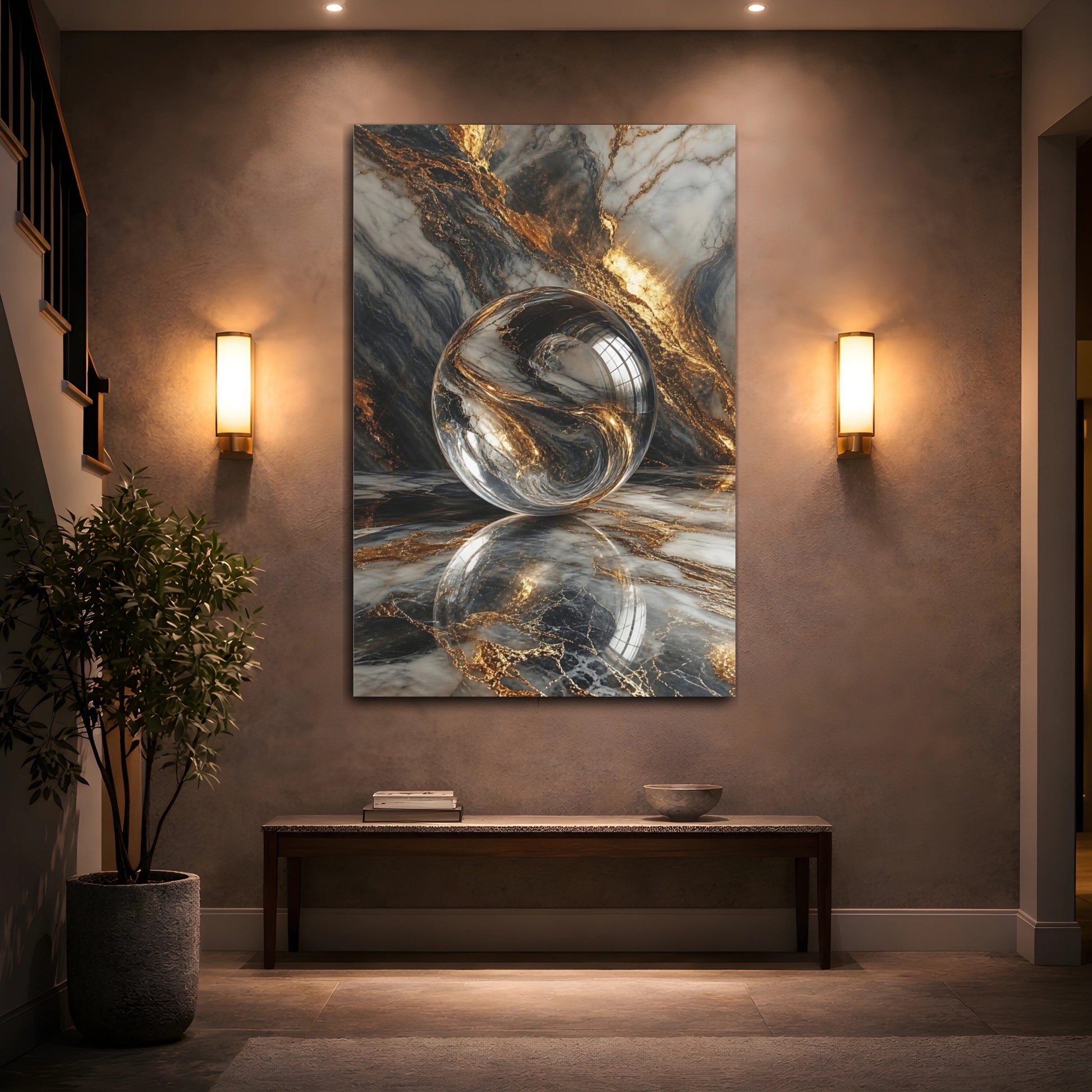 Mockup 2. Abstract Crystal Sphere Gold And Grey shown as stretched canvas wall art