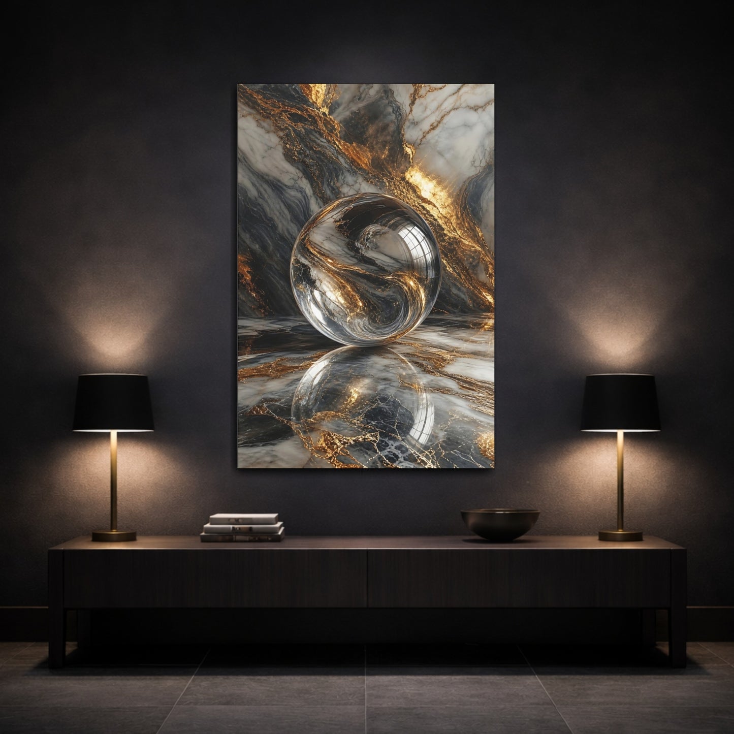 Mockup 3. Abstract Crystal Sphere Gold And Grey shown as stretched canvas wall art