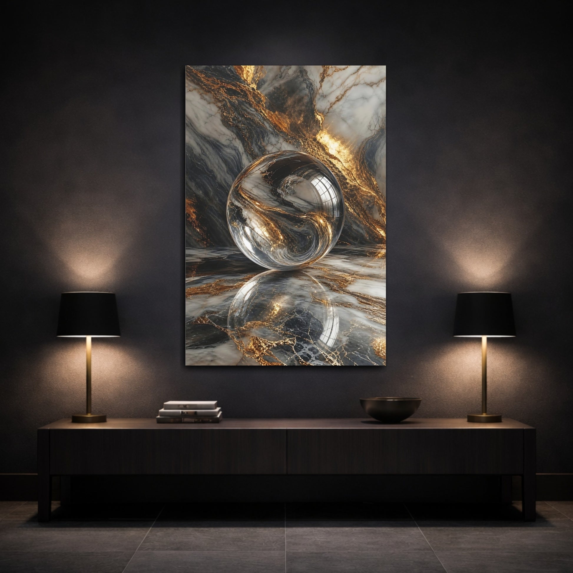 Mockup 3. Abstract Crystal Sphere Gold And Grey shown as stretched canvas wall art