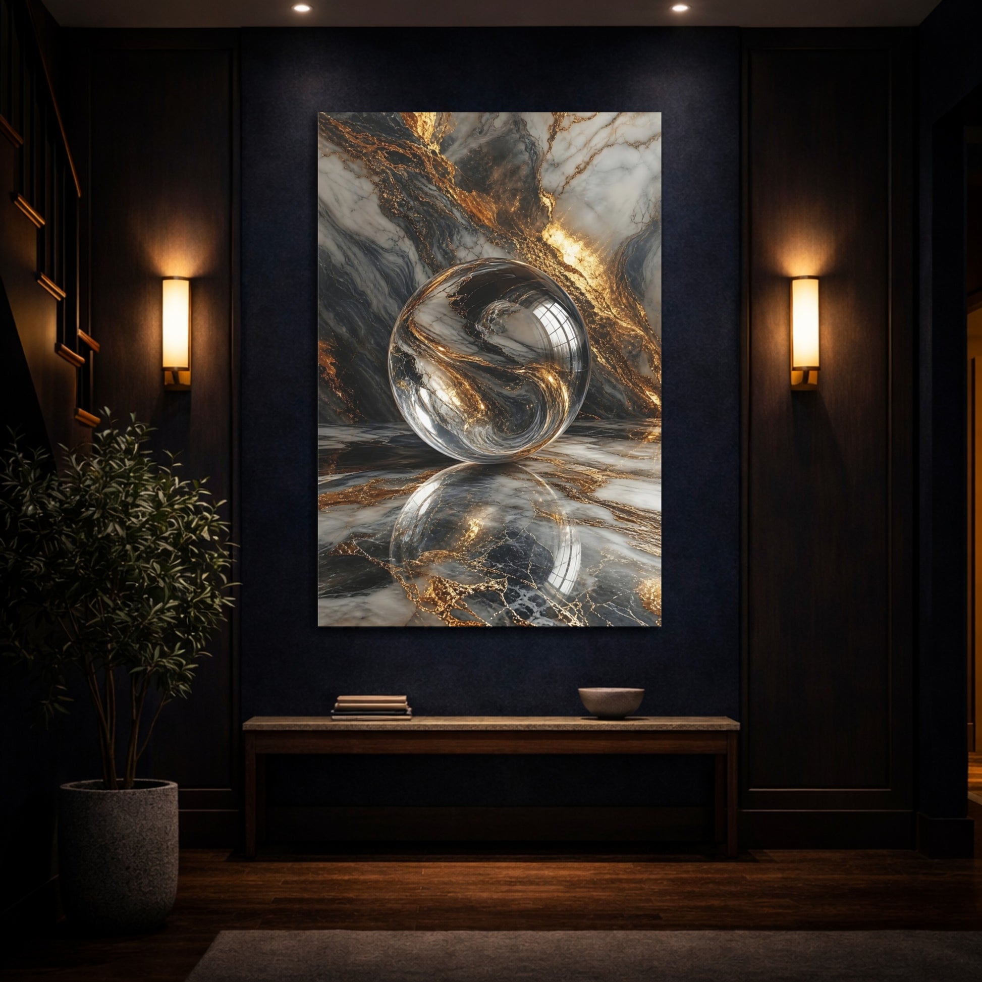 Mockup 4. Abstract Crystal Sphere Gold And Grey shown as stretched canvas wall art
