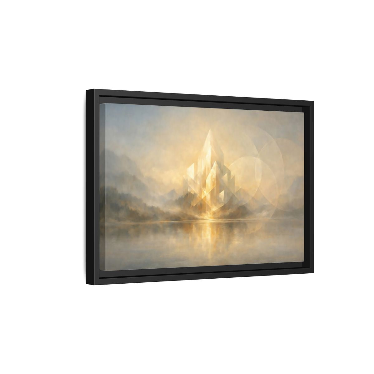 Side Mockup 6. Abstract Crystal Structure Golden Landscape shown as stretched canvas wall art
