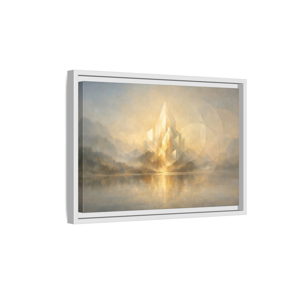 Side Mockup 4. Abstract Crystal Structure Golden Landscape shown as stretched canvas wall art