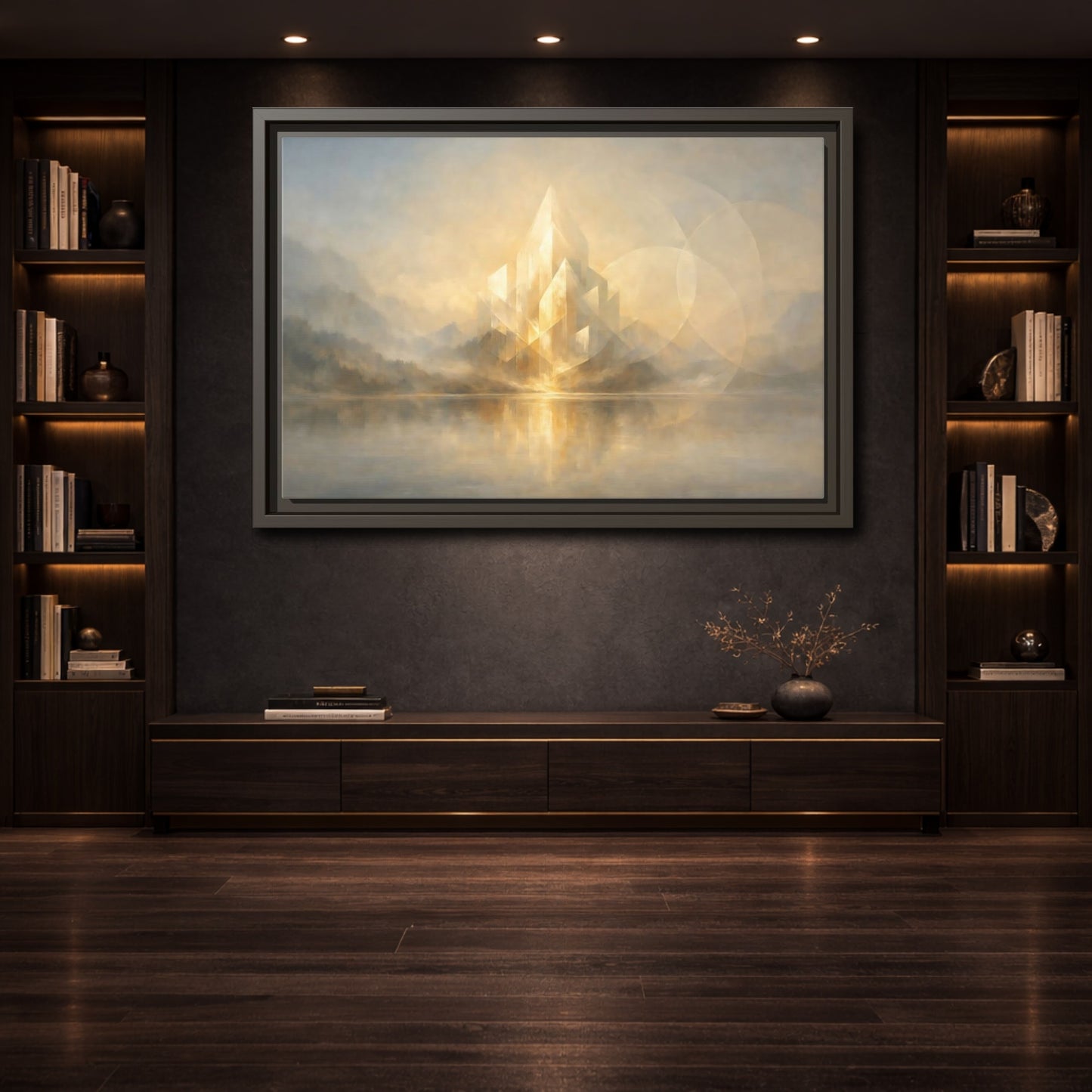 Mockup 3. Abstract Crystal Structure Golden Landscape shown as stretched canvas wall art