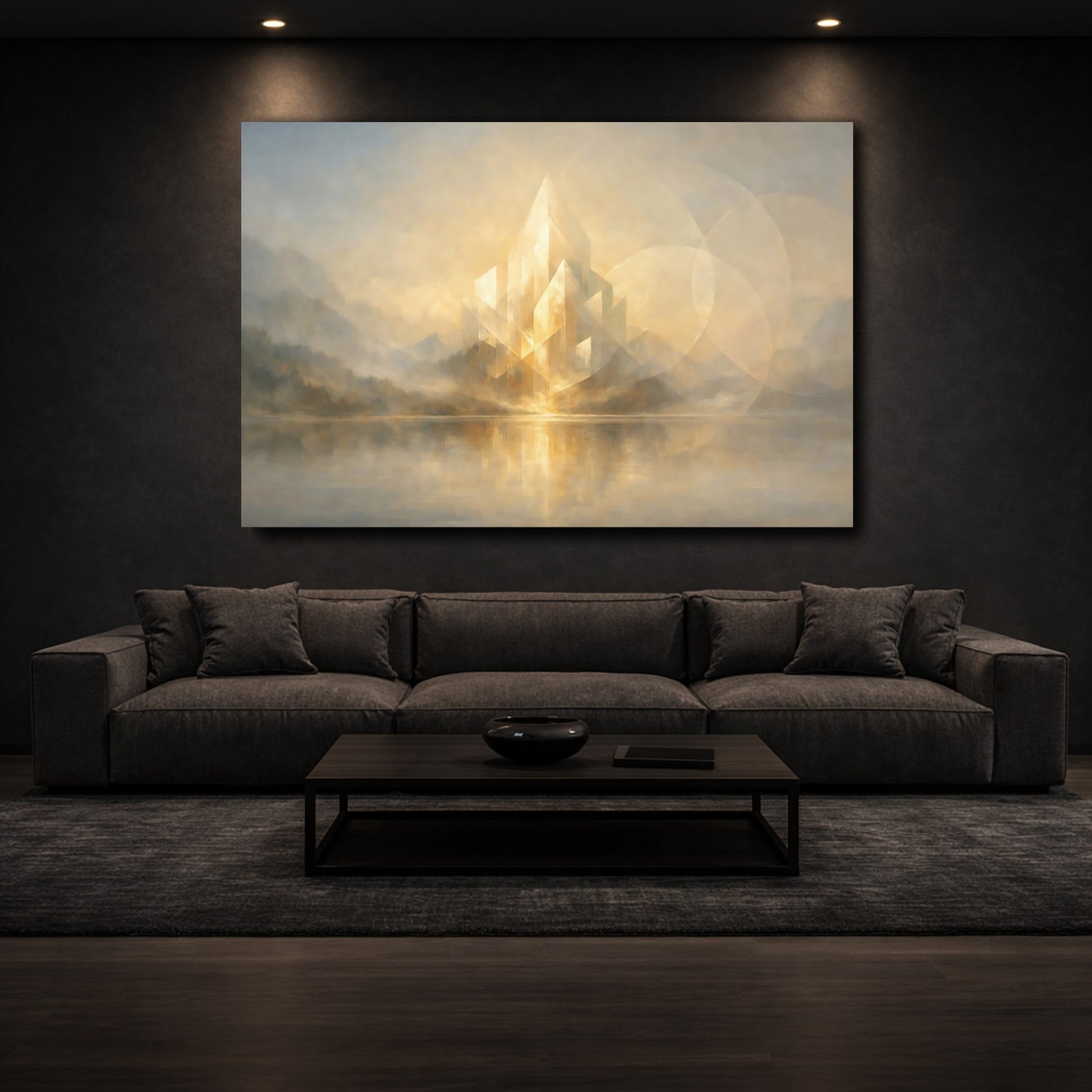Mockup 2. Abstract Crystalline Structure Golden Abstract shown as stretched canvas wall art