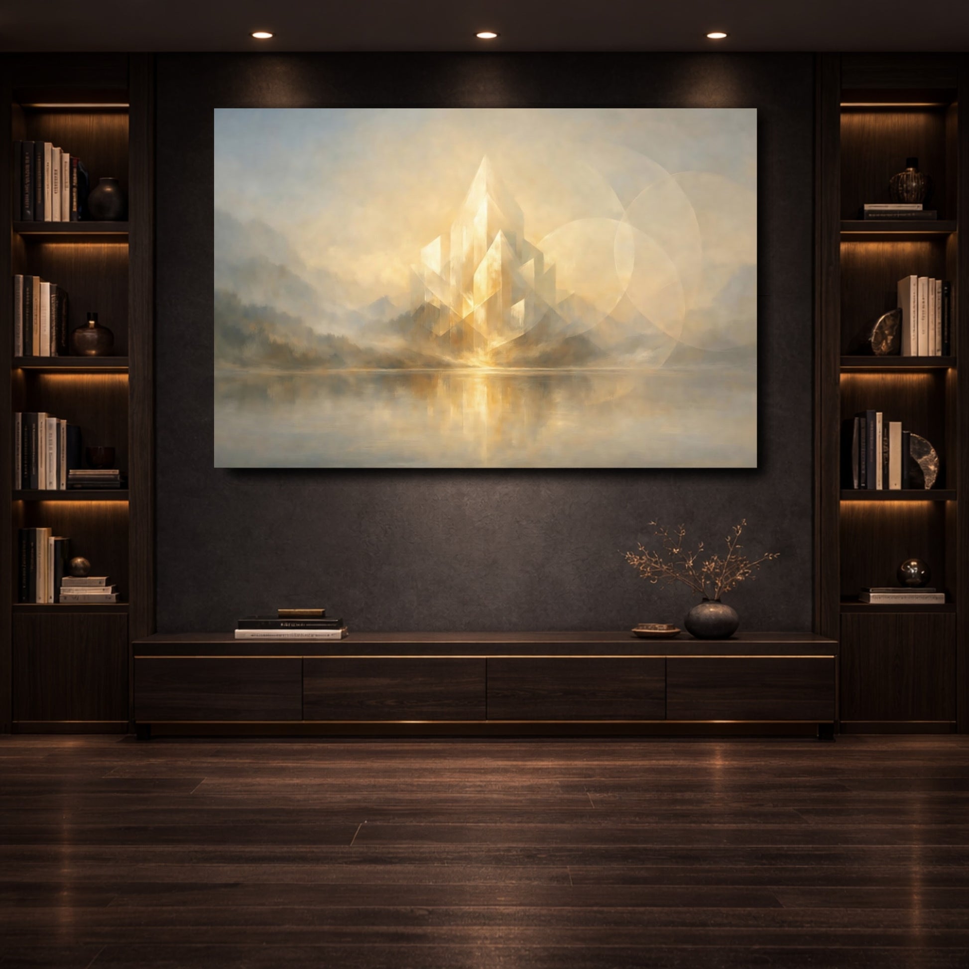 Mockup 3. Abstract Crystalline Structure Golden Abstract shown as stretched canvas wall art