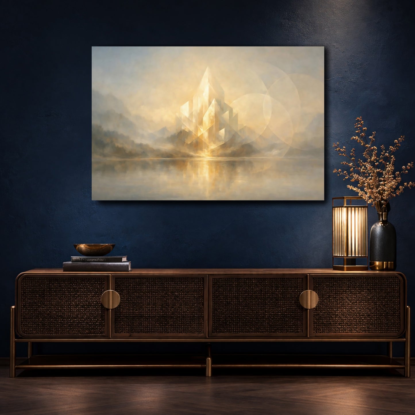 Mockup 4. Abstract Crystalline Structure Golden Abstract shown as stretched canvas wall art