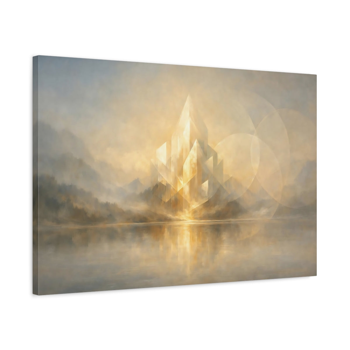 Side Mockup 2. Abstract Crystalline Structure Golden Abstract shown as stretched canvas wall art
