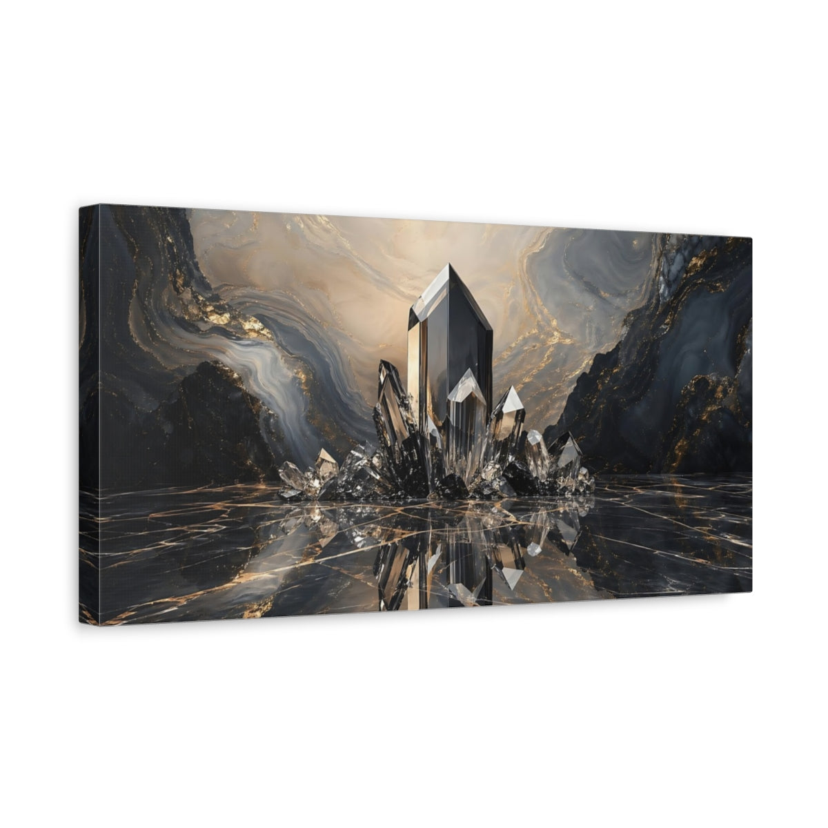 Side Mockup 3. Abstract Crystals Black And Gold shown as stretched canvas wall art