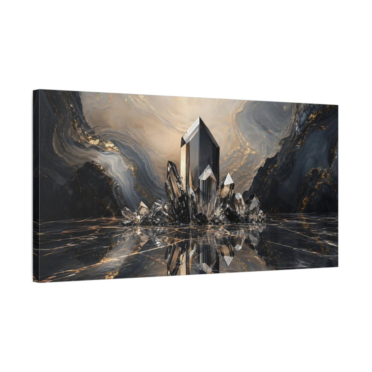 Side Mockup 1. Abstract Crystals Black And Gold shown as stretched canvas wall art