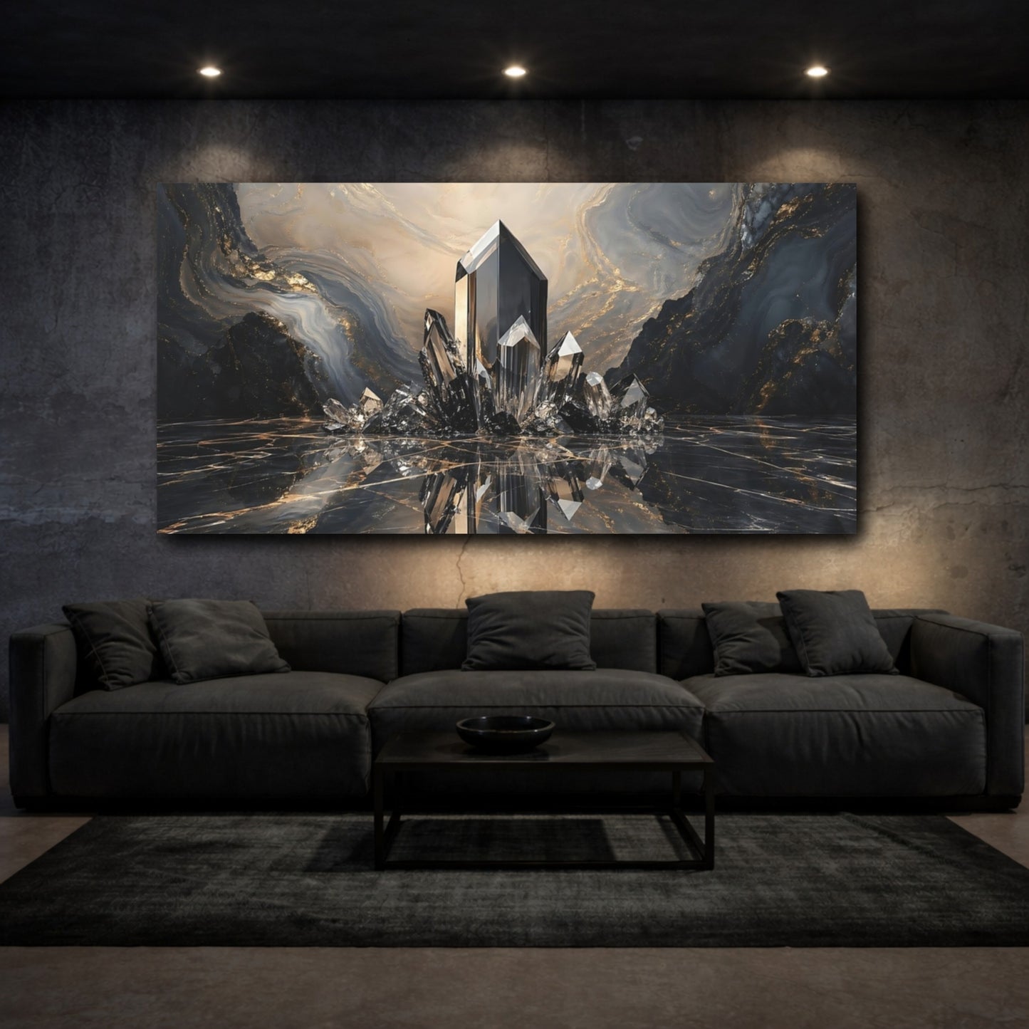 Mockup 2. Abstract Crystals Black And Gold shown as stretched canvas wall art