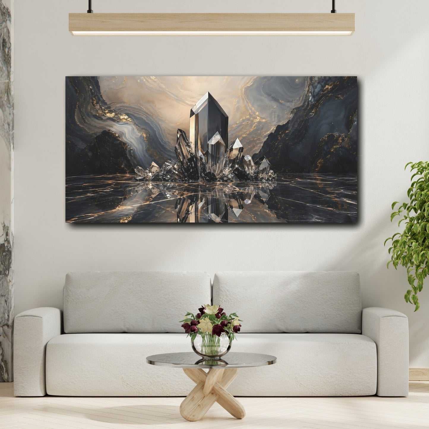 Mockup 3. Abstract Crystals Black And Gold shown as stretched canvas wall art