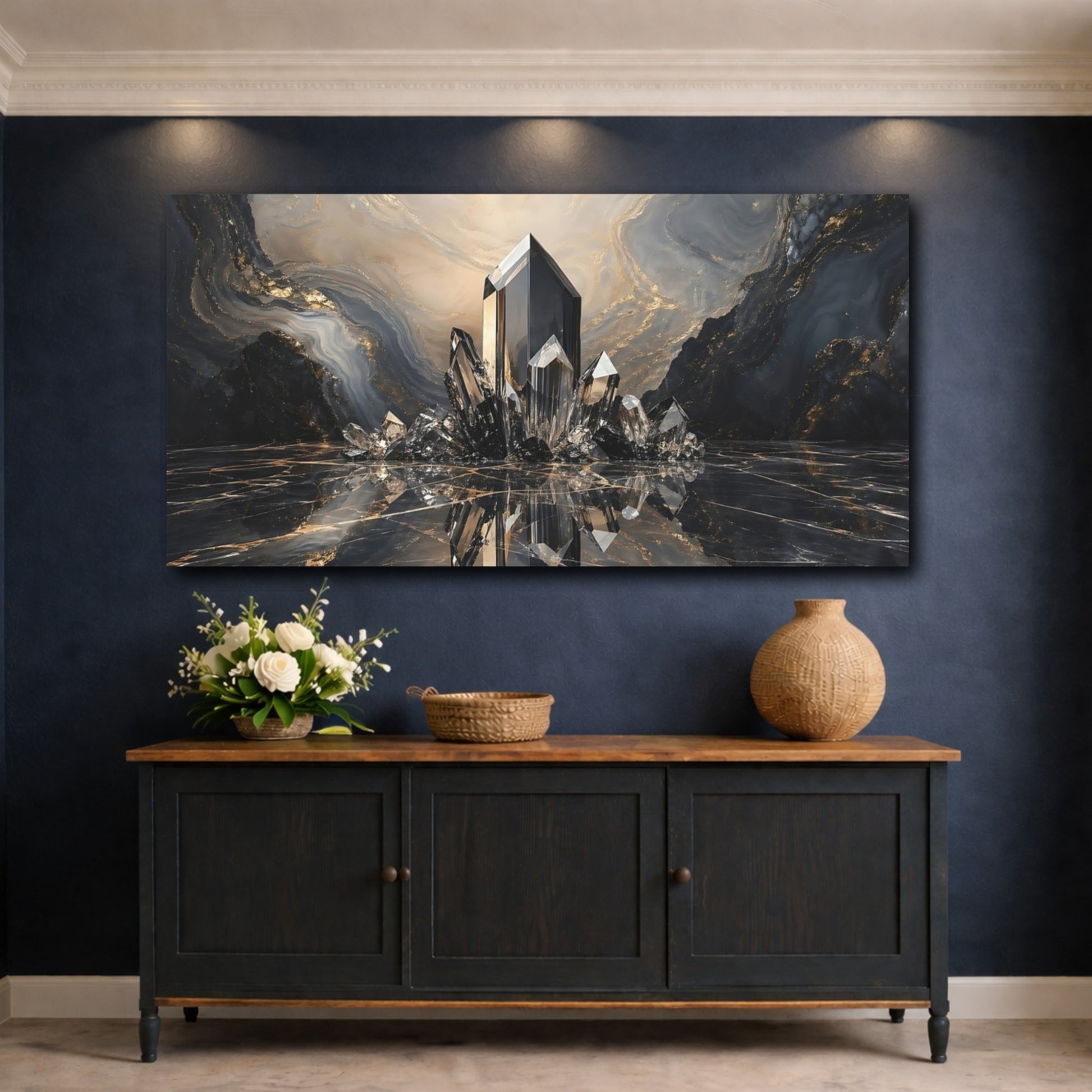 Mockup 4. Abstract Crystals Black And Gold shown as stretched canvas wall art