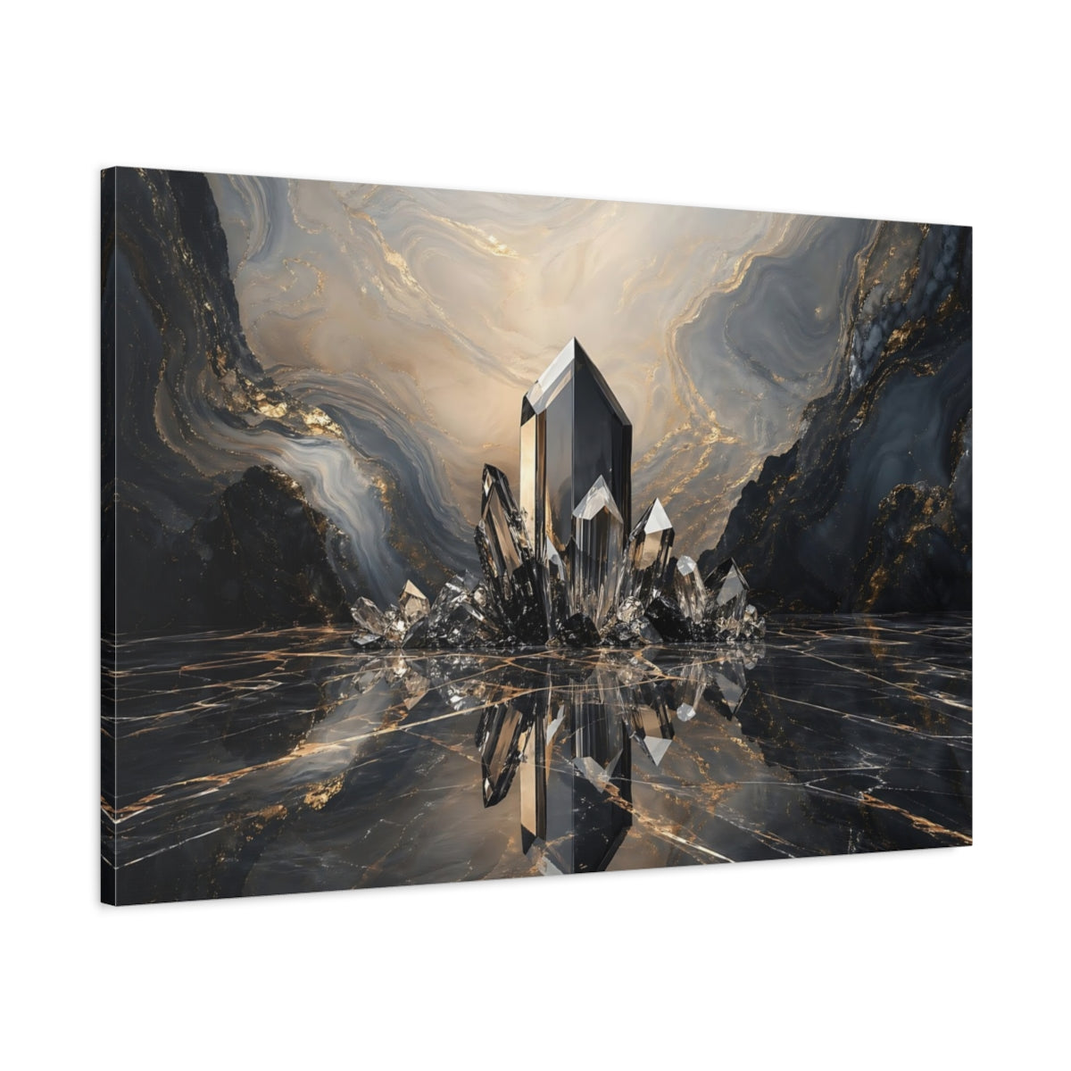 Main Mockup. Abstract Crystals Black Gold Marble shown as stretched canvas wall art