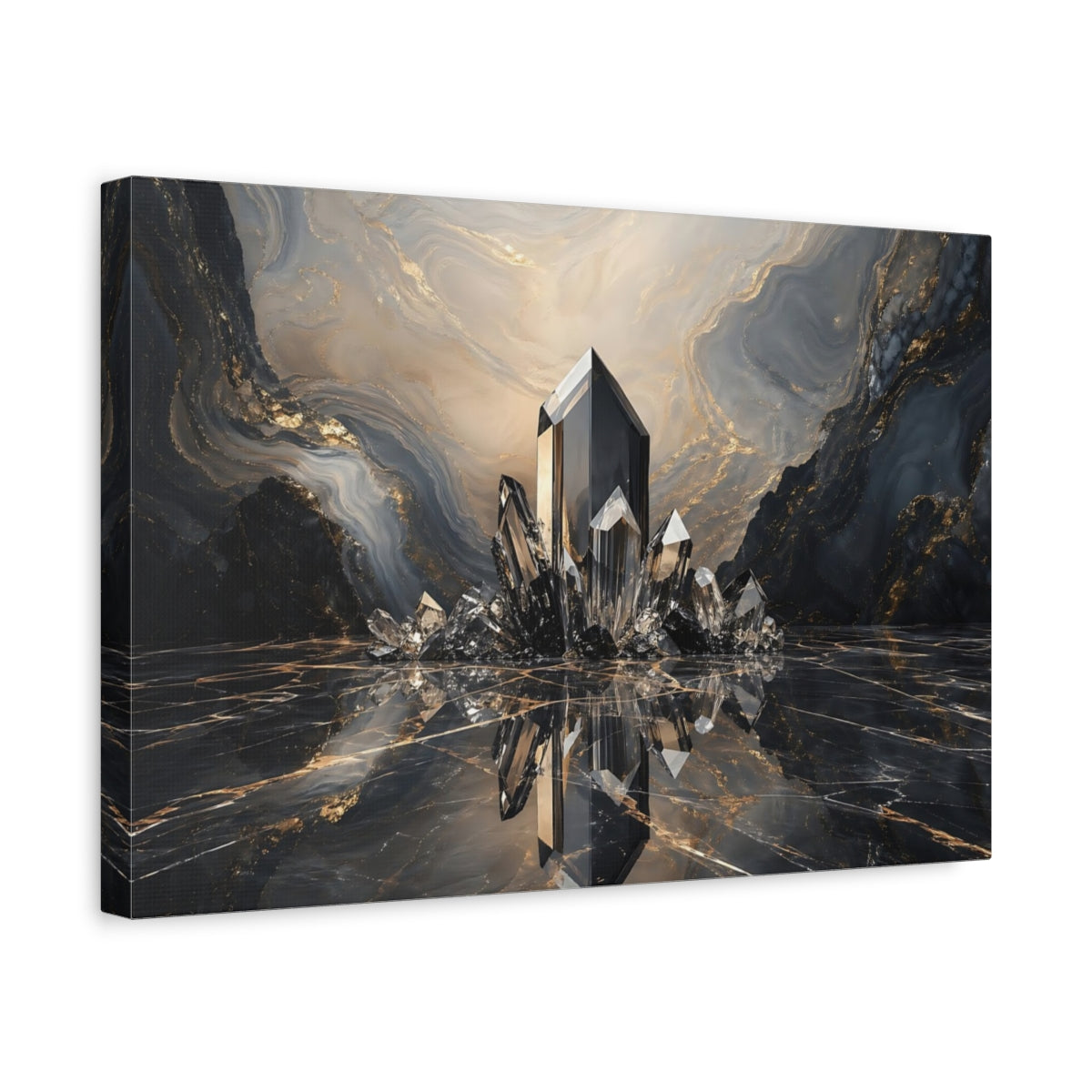 Side Mockup 4. Abstract Crystals Black Gold Marble shown as stretched canvas wall art