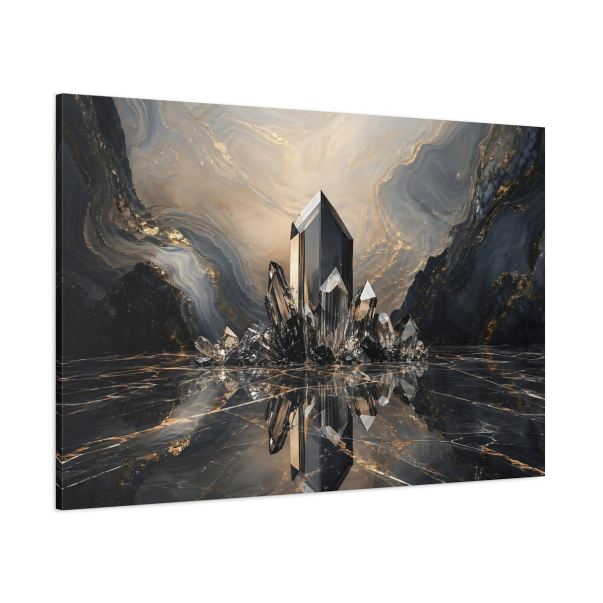 Side Mockup 1. Abstract Crystals Black Gold Marble shown as stretched canvas wall art