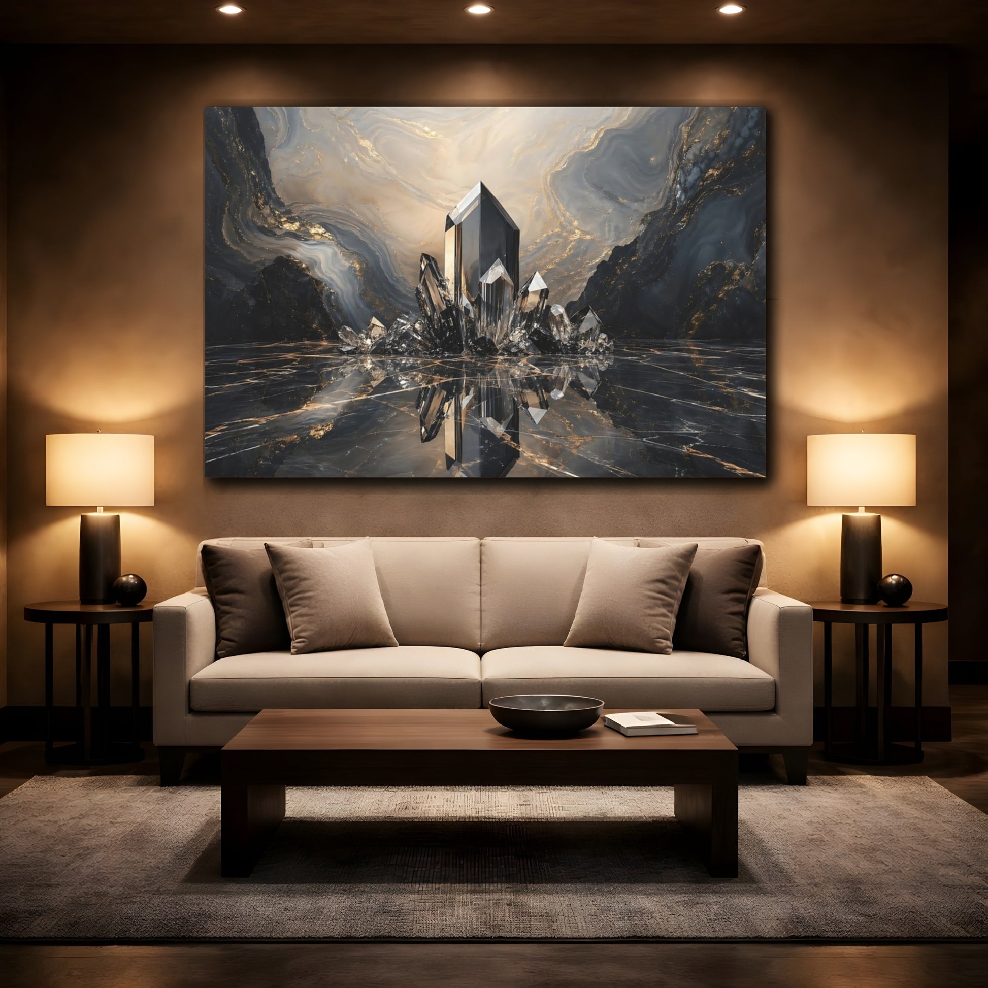 Mockup 2. Abstract Crystals Black Gold Marble shown as stretched canvas wall art