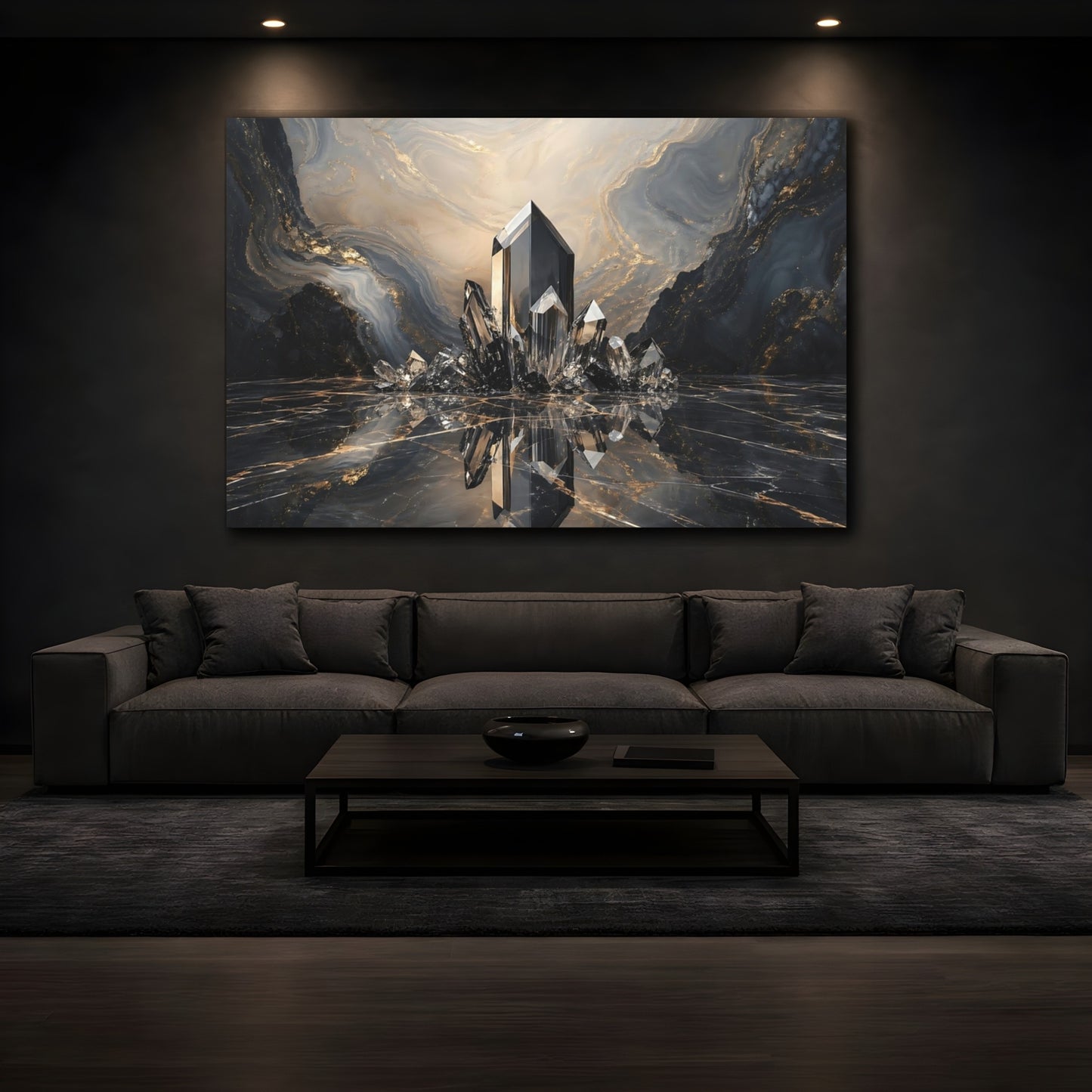 Mockup 3. Abstract Crystals Black Gold Marble shown as stretched canvas wall art