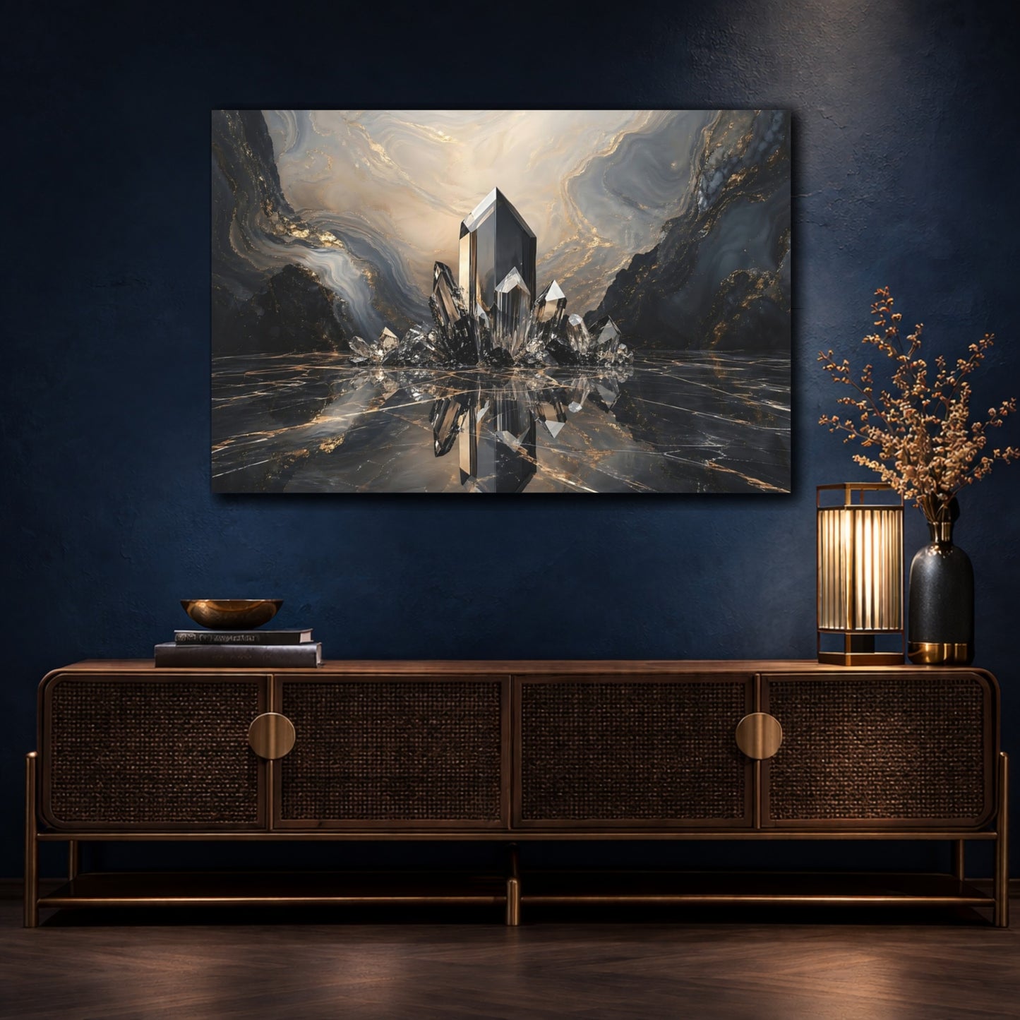 Mockup 4. Abstract Crystals Black Gold Marble shown as stretched canvas wall art