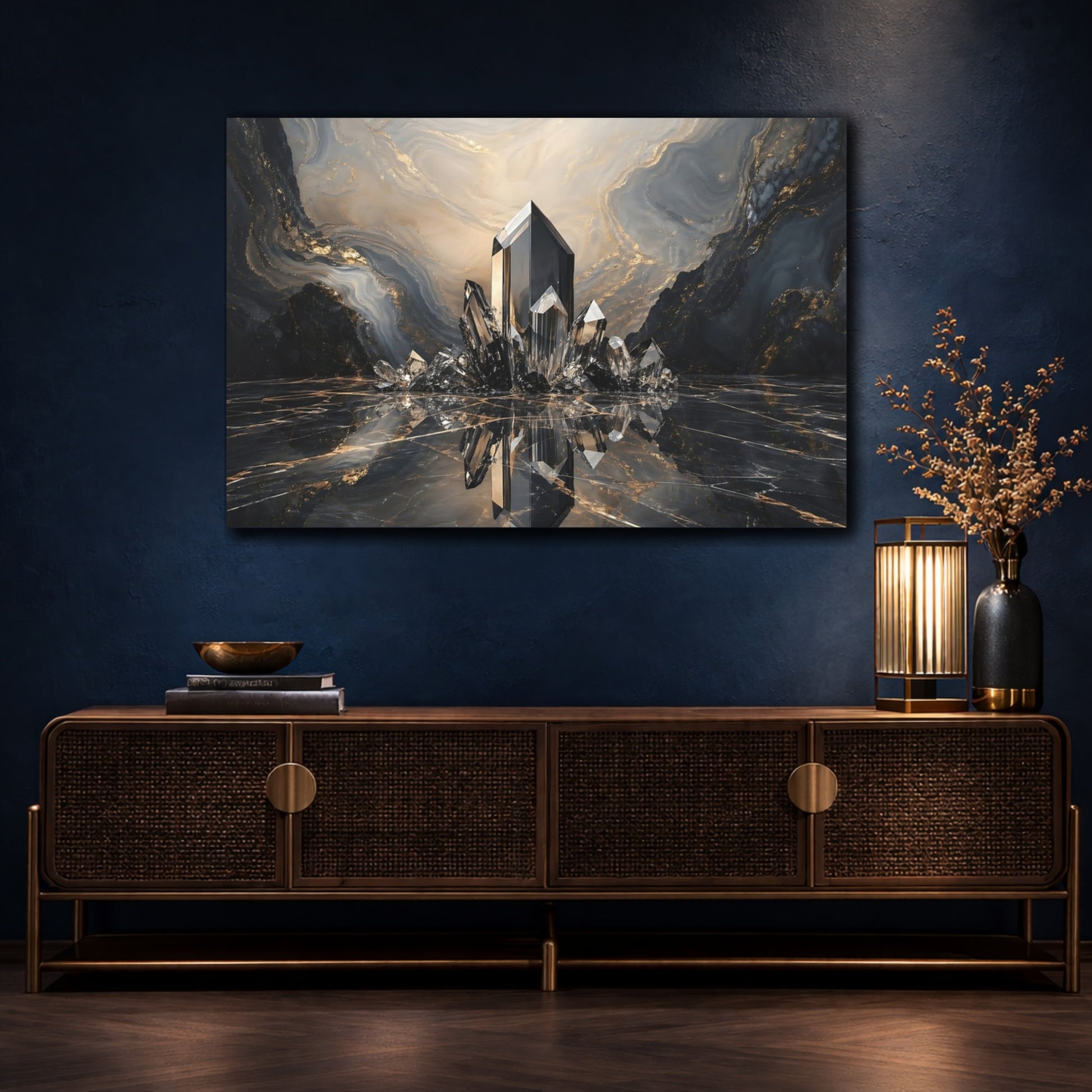 Mockup 4. Abstract Crystals Black Gold Marble shown as stretched canvas wall art
