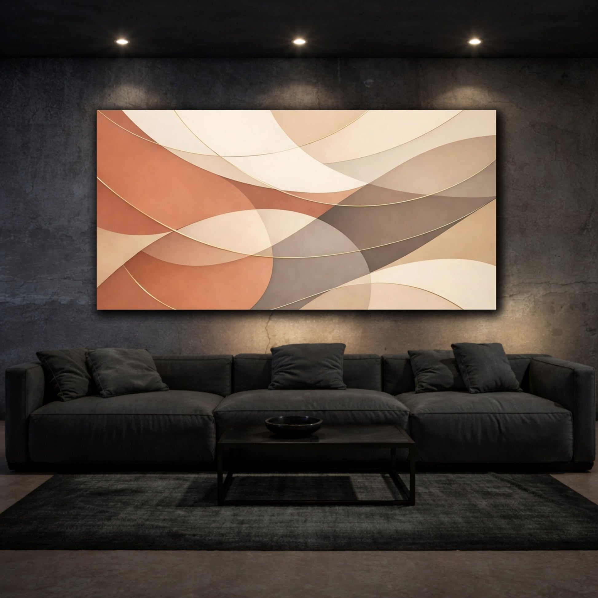 Mockup 2. Abstract Curved Shapes Brown Gold Abstract shown as stretched canvas wall art