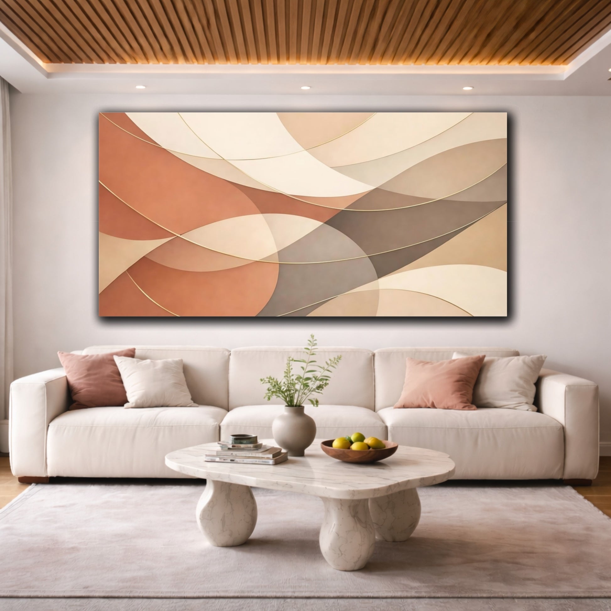 Mockup 3. Abstract Curved Shapes Brown Gold Abstract shown as stretched canvas wall art
