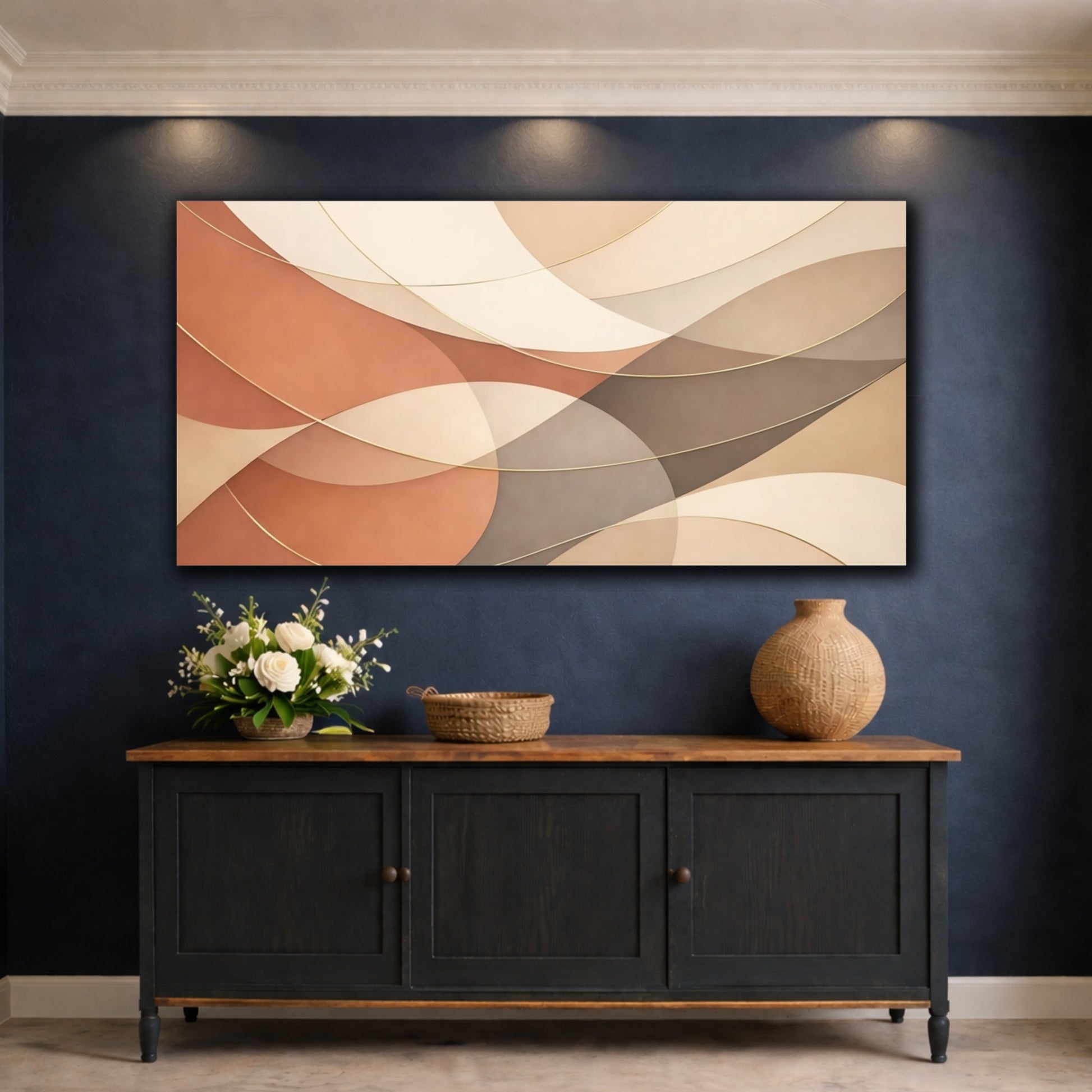 Mockup 4. Abstract Curved Shapes Brown Gold Abstract shown as stretched canvas wall art