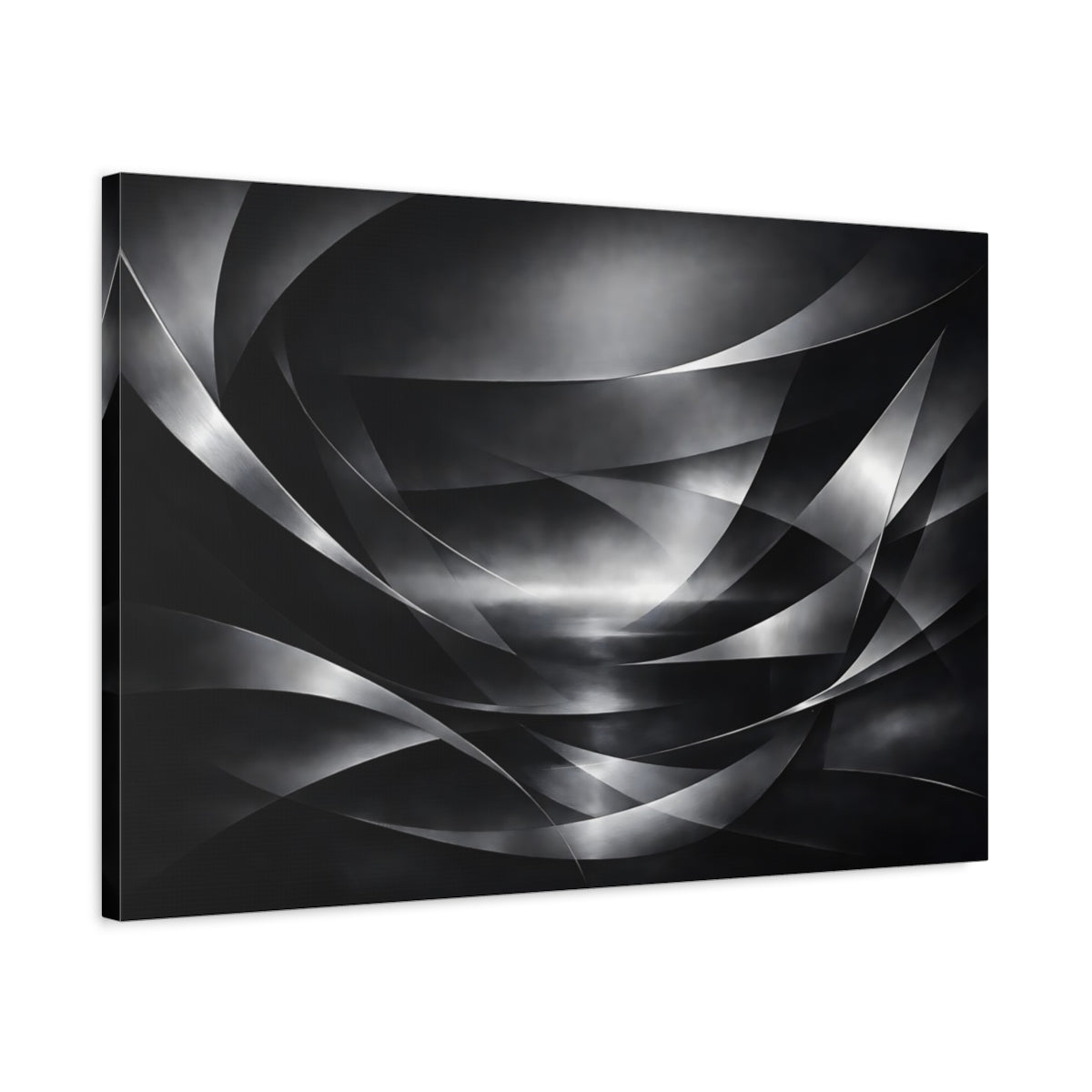 Side Mockup 2. Abstract Abstract Curves Black And White shown as stretched canvas wall art