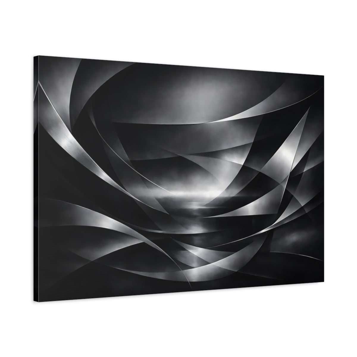 Side Mockup 1. Abstract Abstract Curves Black And White shown as stretched canvas wall art