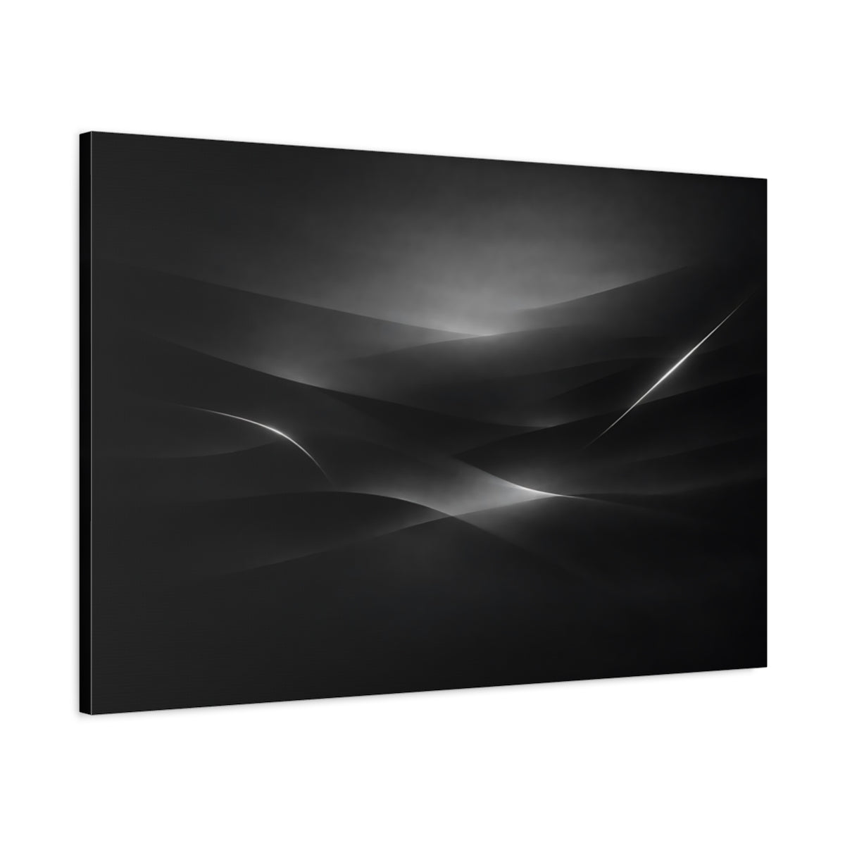 Side Mockup 1. Abstract Abstract Curves Black And White shown as stretched canvas wall art