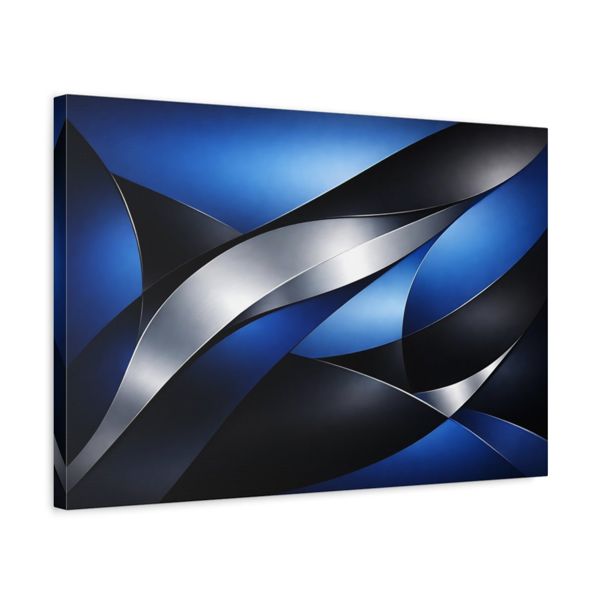 Side Mockup 3. Abstract Abstract Curves Blue And Silver Abstract shown as stretched canvas wall art