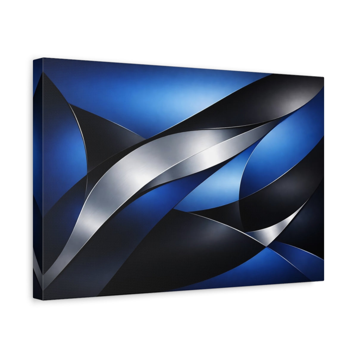 Side Mockup 4. Abstract Abstract Curves Blue And Silver Abstract shown as stretched canvas wall art